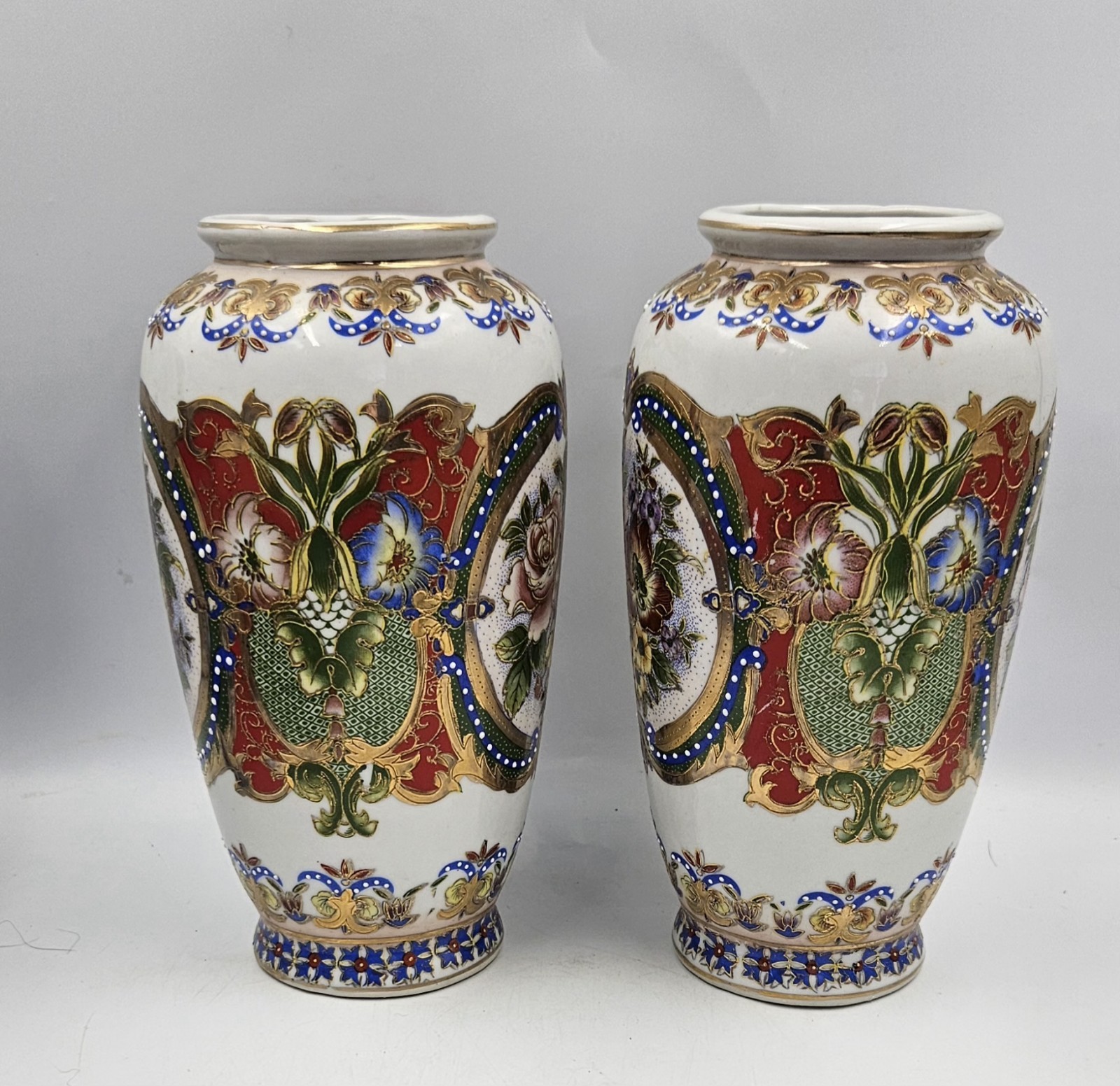 Vintage Chinese Famille Rose Hand Painted Porcelain Raised Relief Vases 8.5″