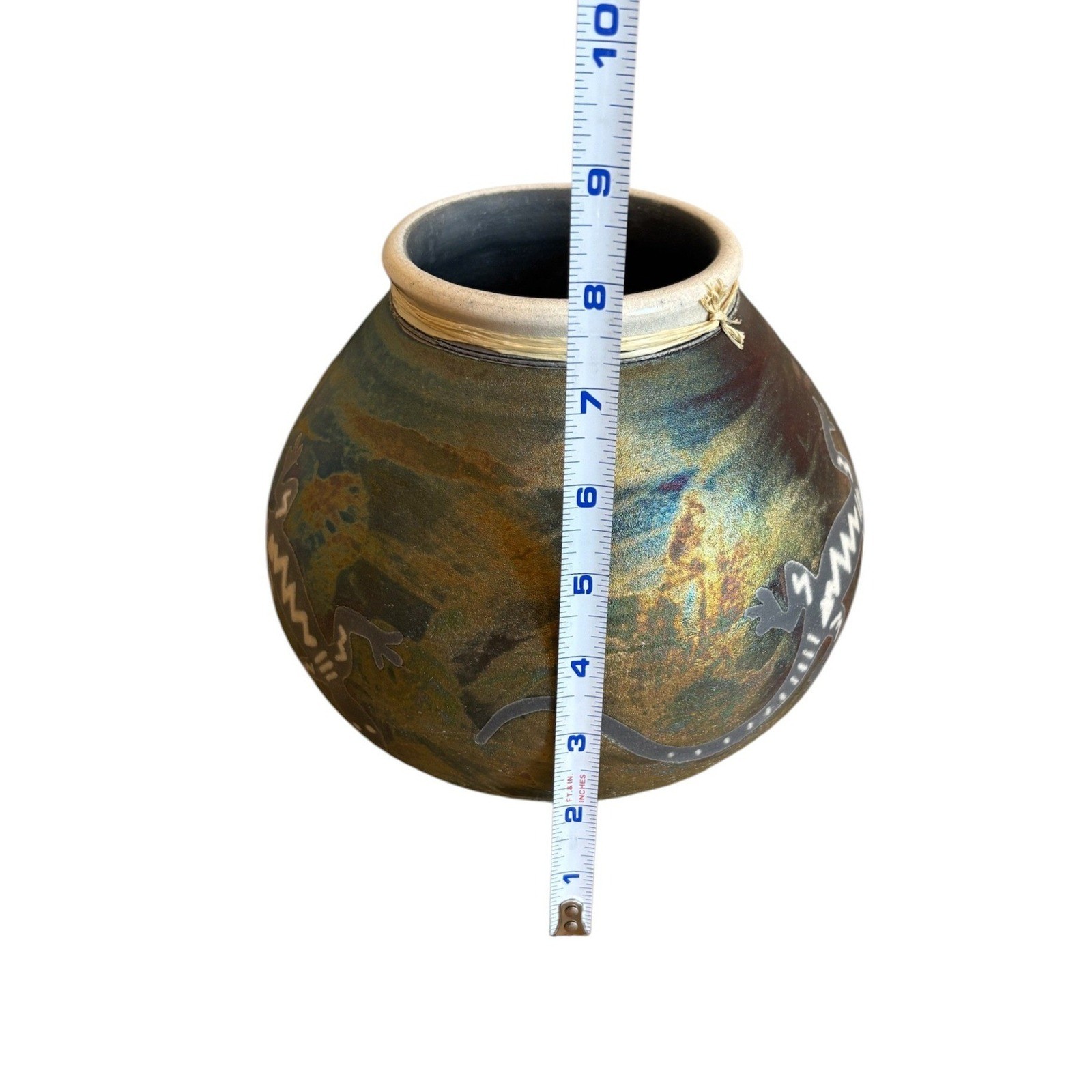 Jeremy Diller Southwest Dream Raku Pottery Lizard Vase Iridescent Hand Thrown 8″