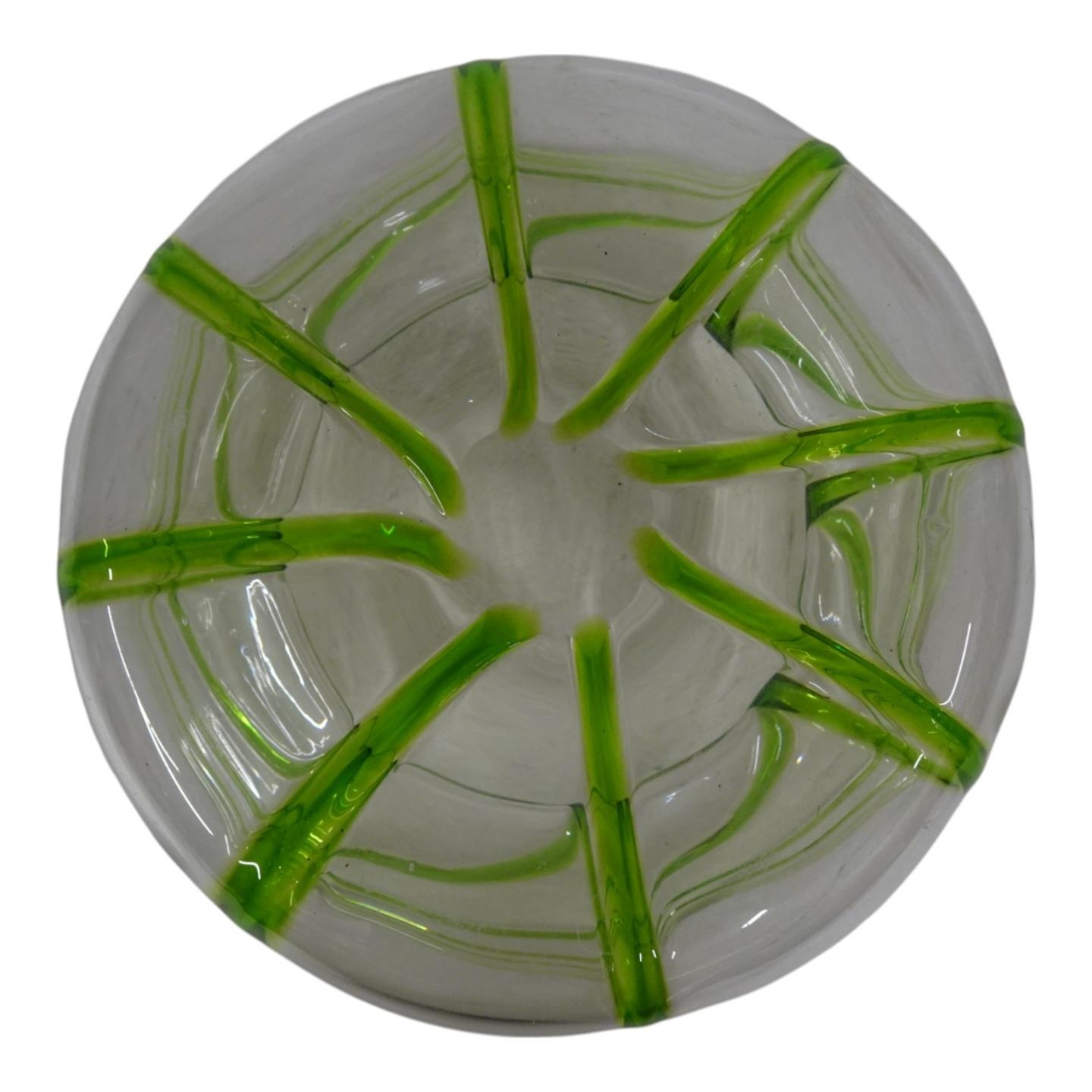Stuart & Sons Stourbridge Hand Blown Green Trailed Art Bowl Glass Vase HT8