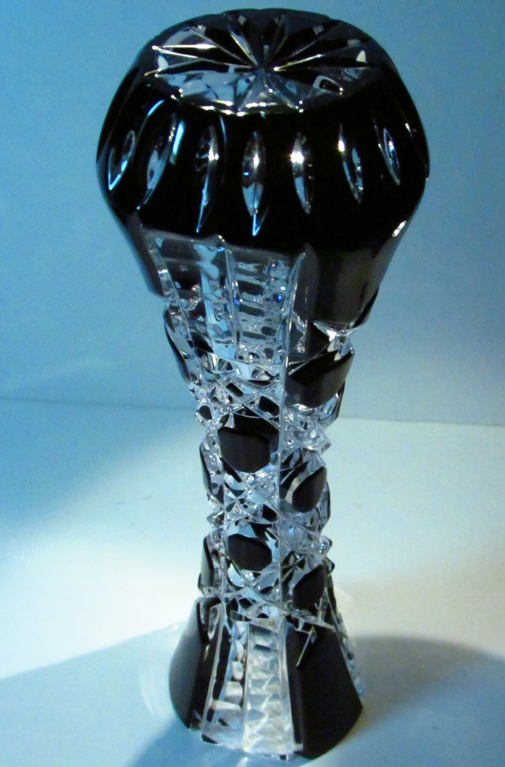 CAESAR CRYSTAL Black Vase Hand Cut to Clear Overlay Czech Bohemia Cased