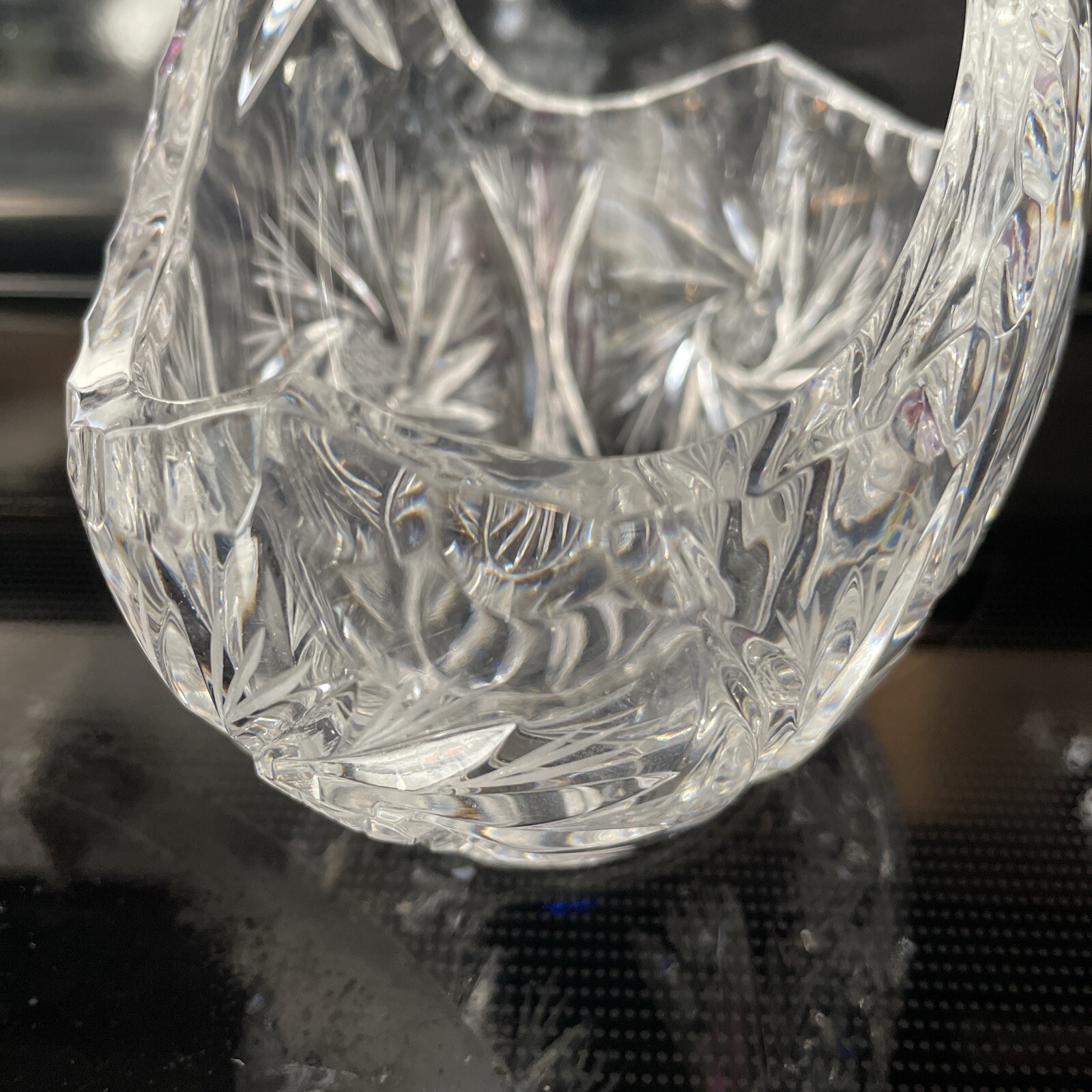 Crystal Candy Dish ACC Deep Cut Handled Bridal Basket Fan Star Cuts LG 6” X 4”