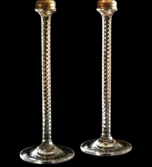 Pair Antique 12.5″ HAWKES Cut Crystal Candlesticks Honeycomb Facet Star Base