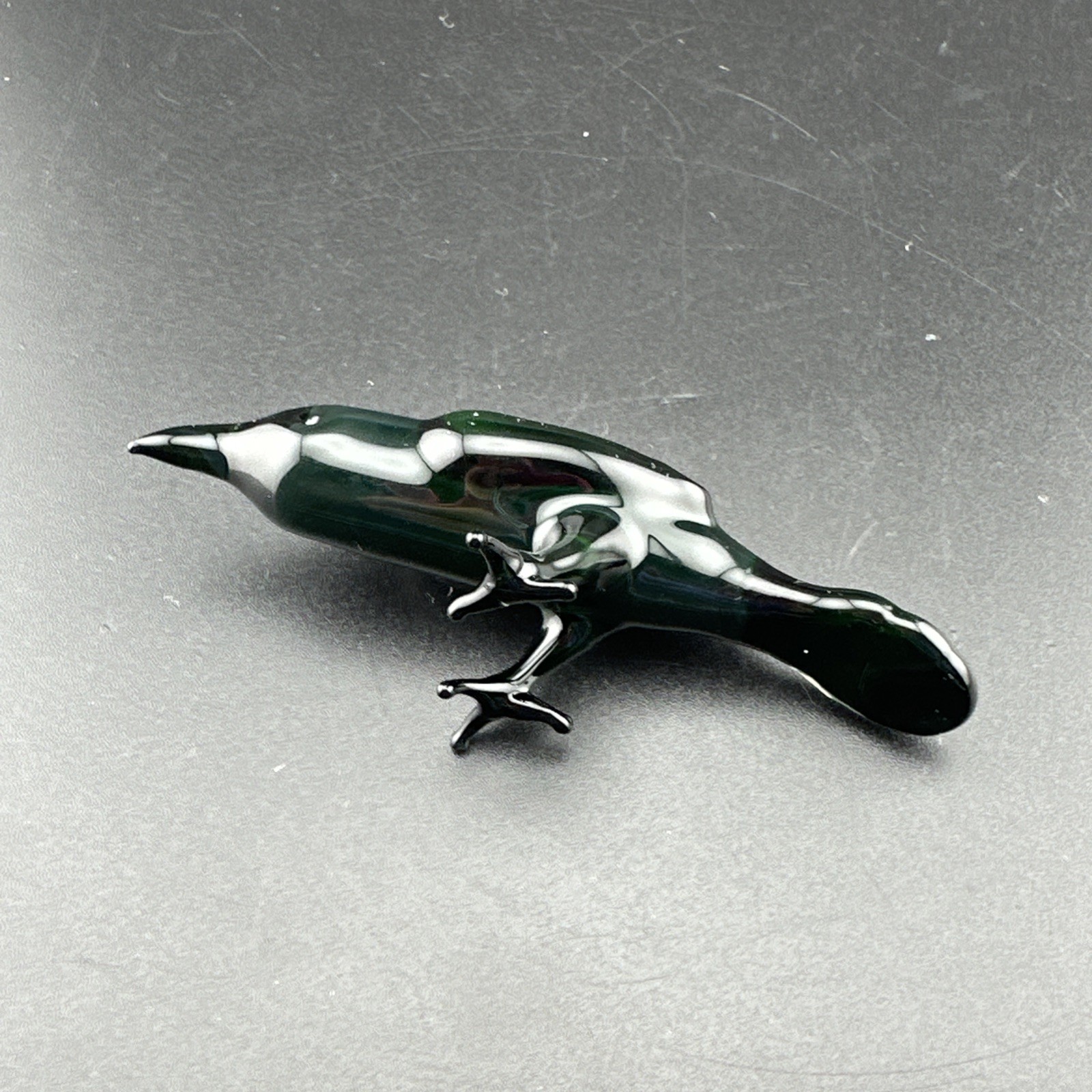 Handblown Uranium Art Glass Black Crow Figurine UV Reactive Green Glow Boro Ion