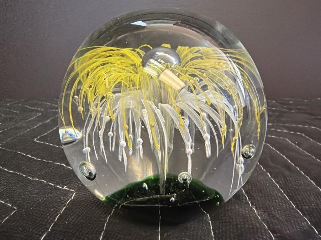 Hand Blown Studio Art Glass Paperweight Yellow White Lampwork Flower