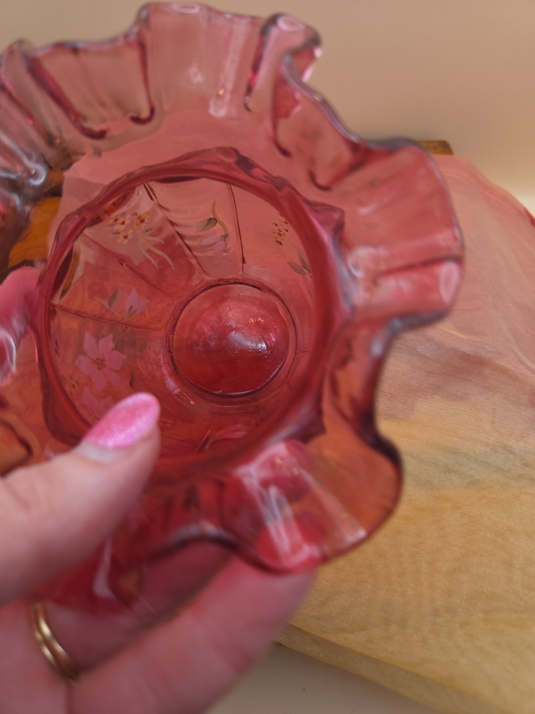 Fenton Cranberry Glass Ruffled Vase Hand Painted Signed P. Fleck – 1990s