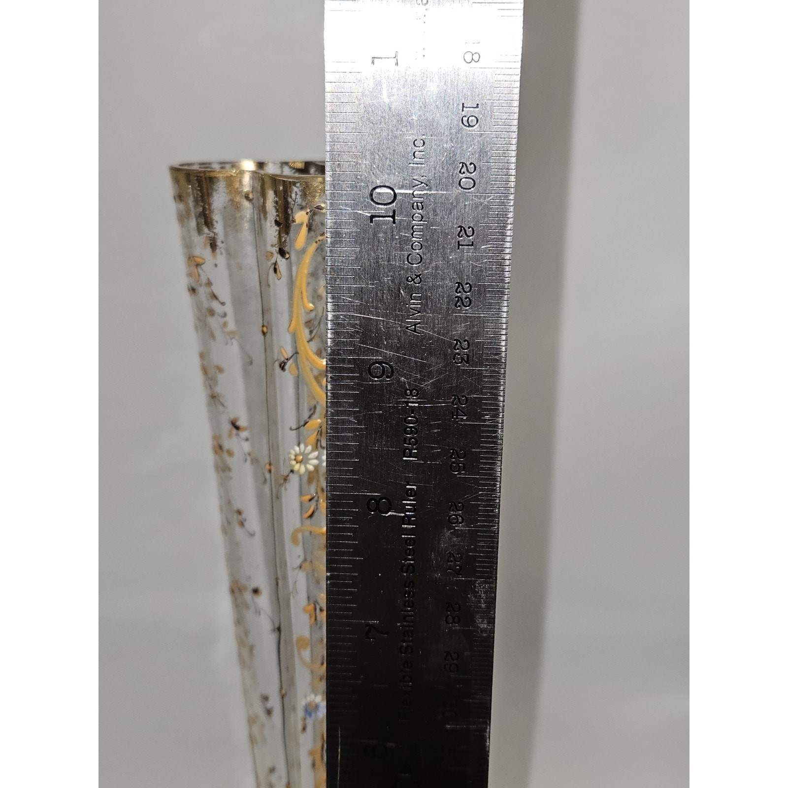 Vtg “Moser Style” Trumpet Clear Blown Glass Enameled Hand Painted Vase 10″