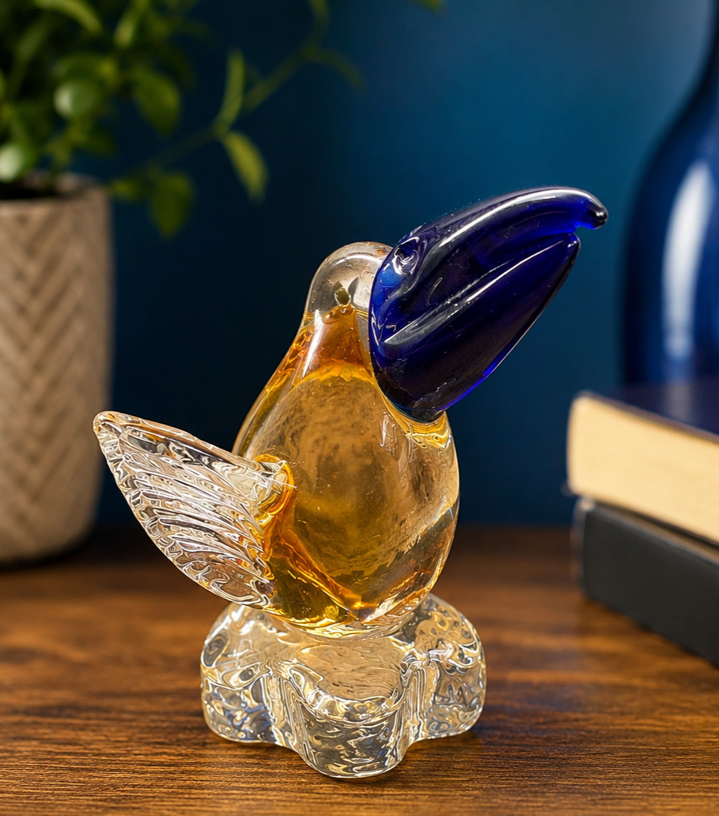 Vintage Art Glass Pelican Bird Figurine Cobalt Blue Beak Amber Clear 3.5″