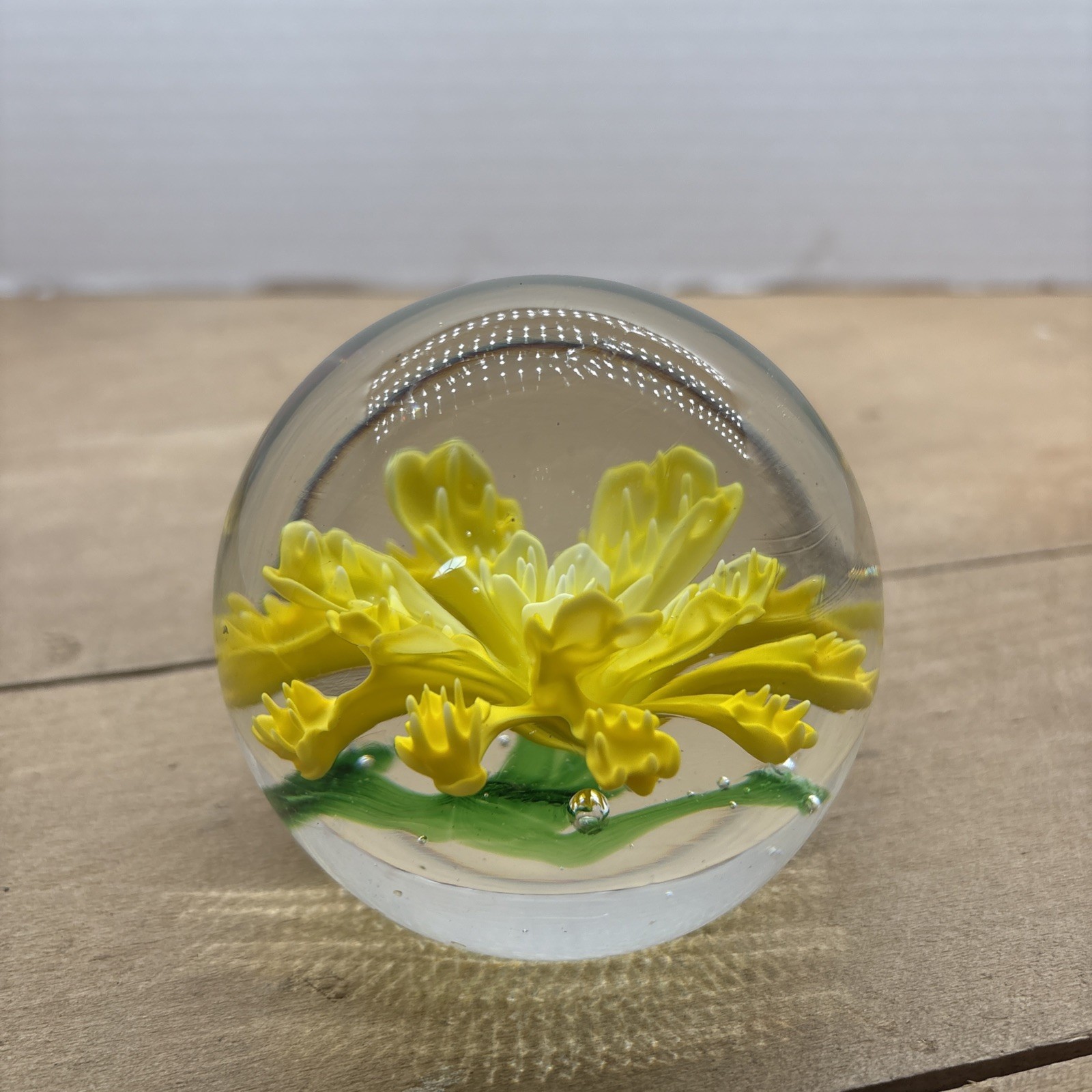 Vintage Art Blown Glass Yellow Flower Paperweight Office Round Globe Sphere 3”