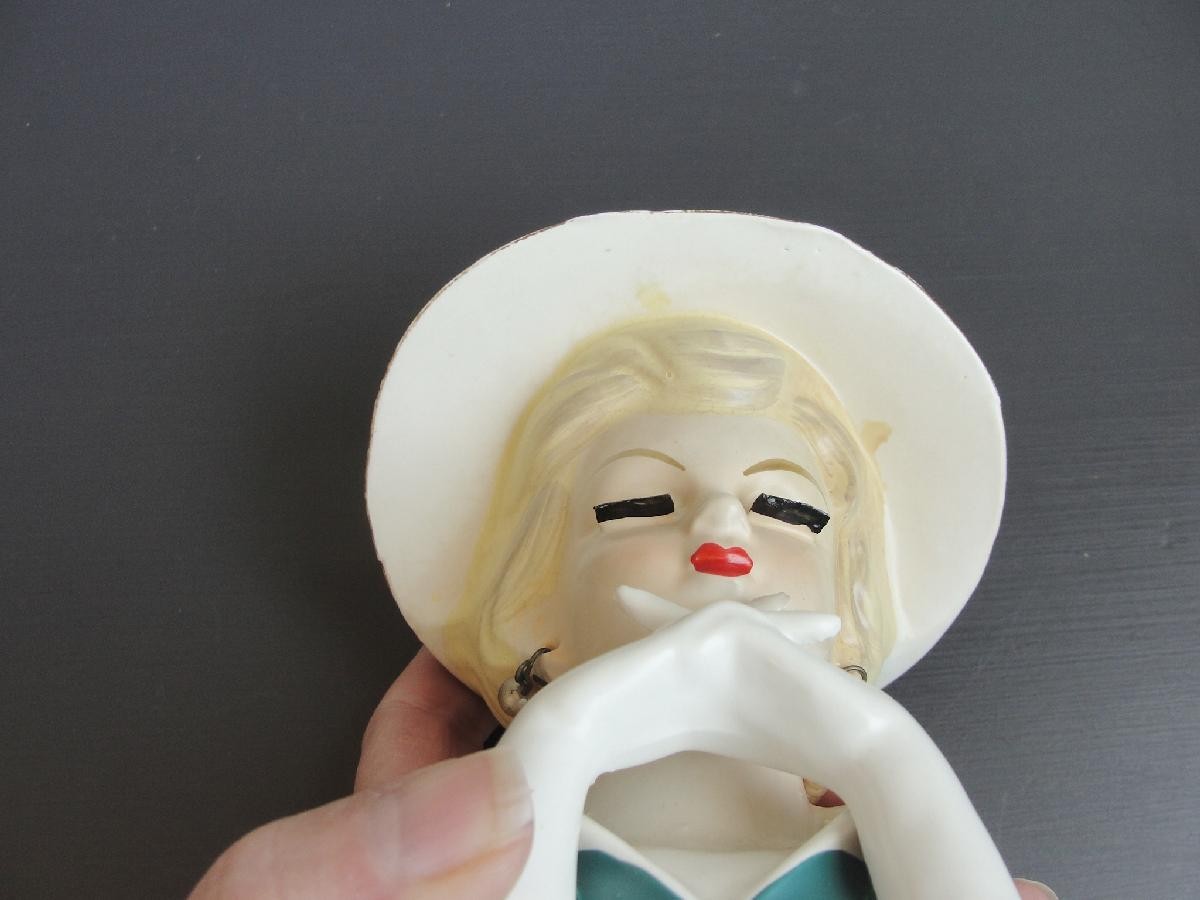 Vintage RUBENS Originals #494 Lady Head Vase Blonde White Hat Teal Green Dress