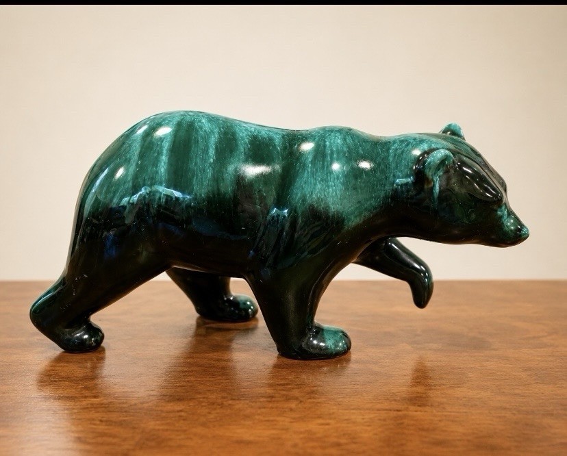 Blue Mountain Pottery Walking Bear Figurine Green Drip Glaze Vintage Canada