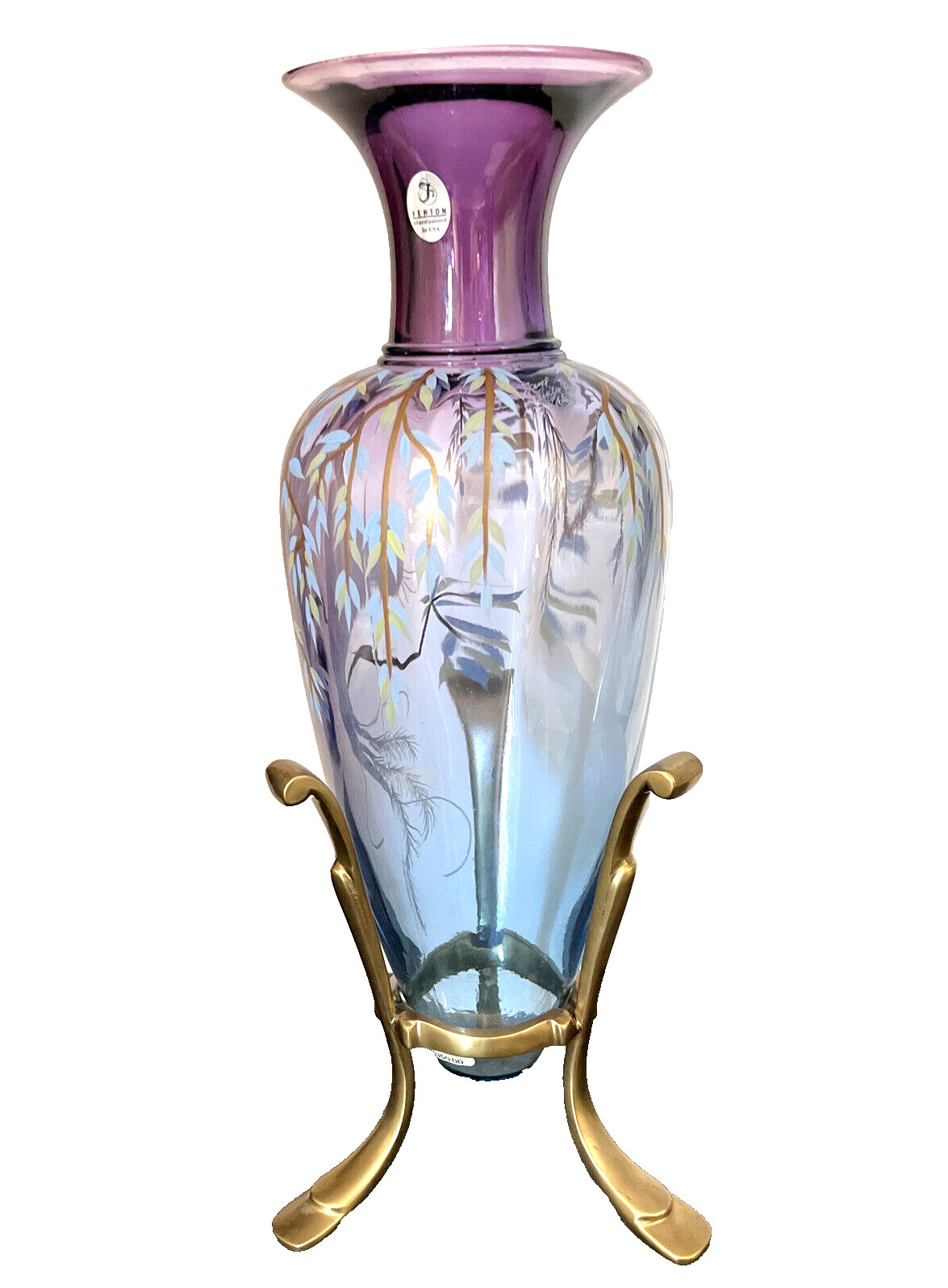 Fenton Art Glass Mulberry Blue Mystical Bird Amphora Vase 14.5 inches Signed