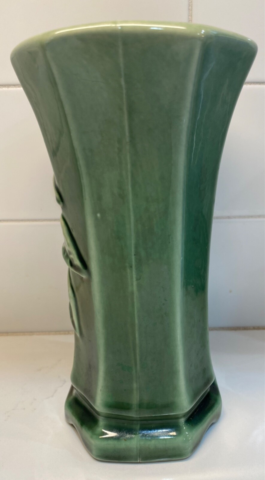 Vintage Footed Green Vase With Ivy or Philodendron Stamped 257