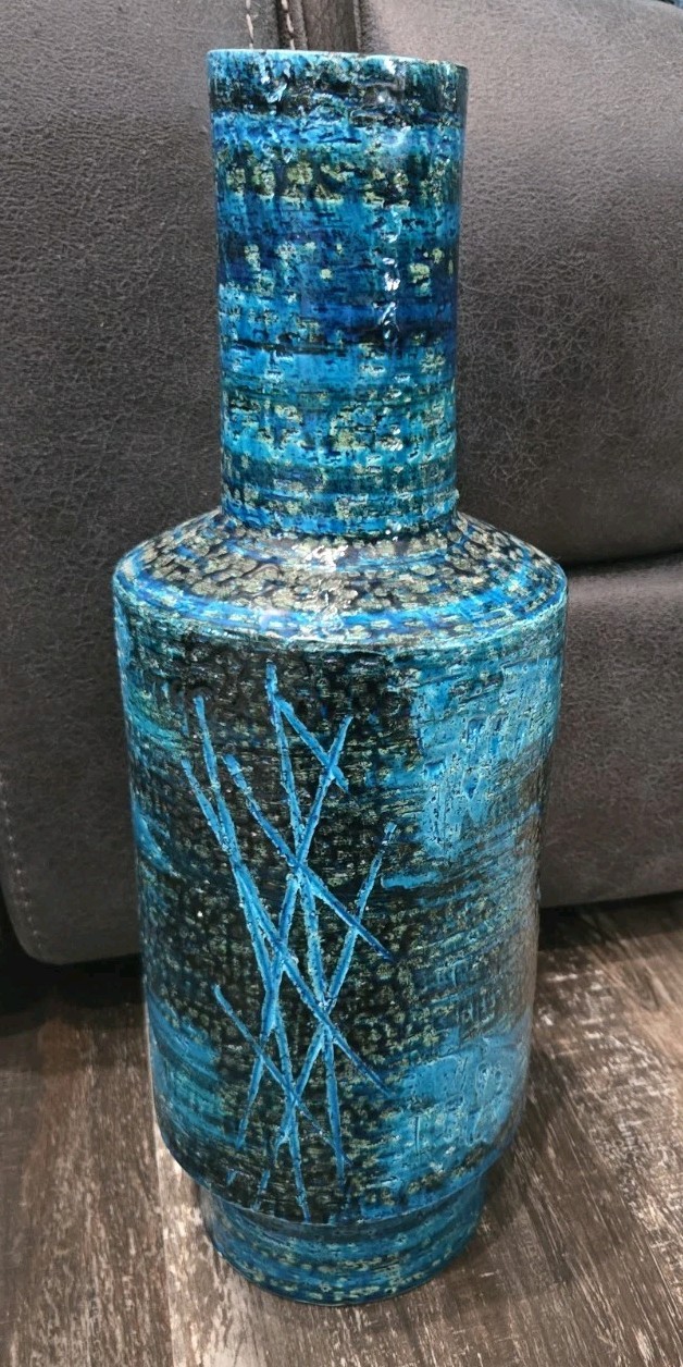 Huge RAYMOR BITOSSI ALDO LONDI Italy Rimini Blue Pottery Vase Cylinder 17″ Tall