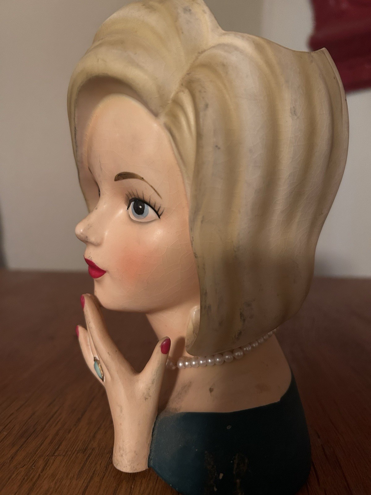 Enesco LARGE 7″ Blonde Lady Head Vase Painted Nails & Ring, RARE