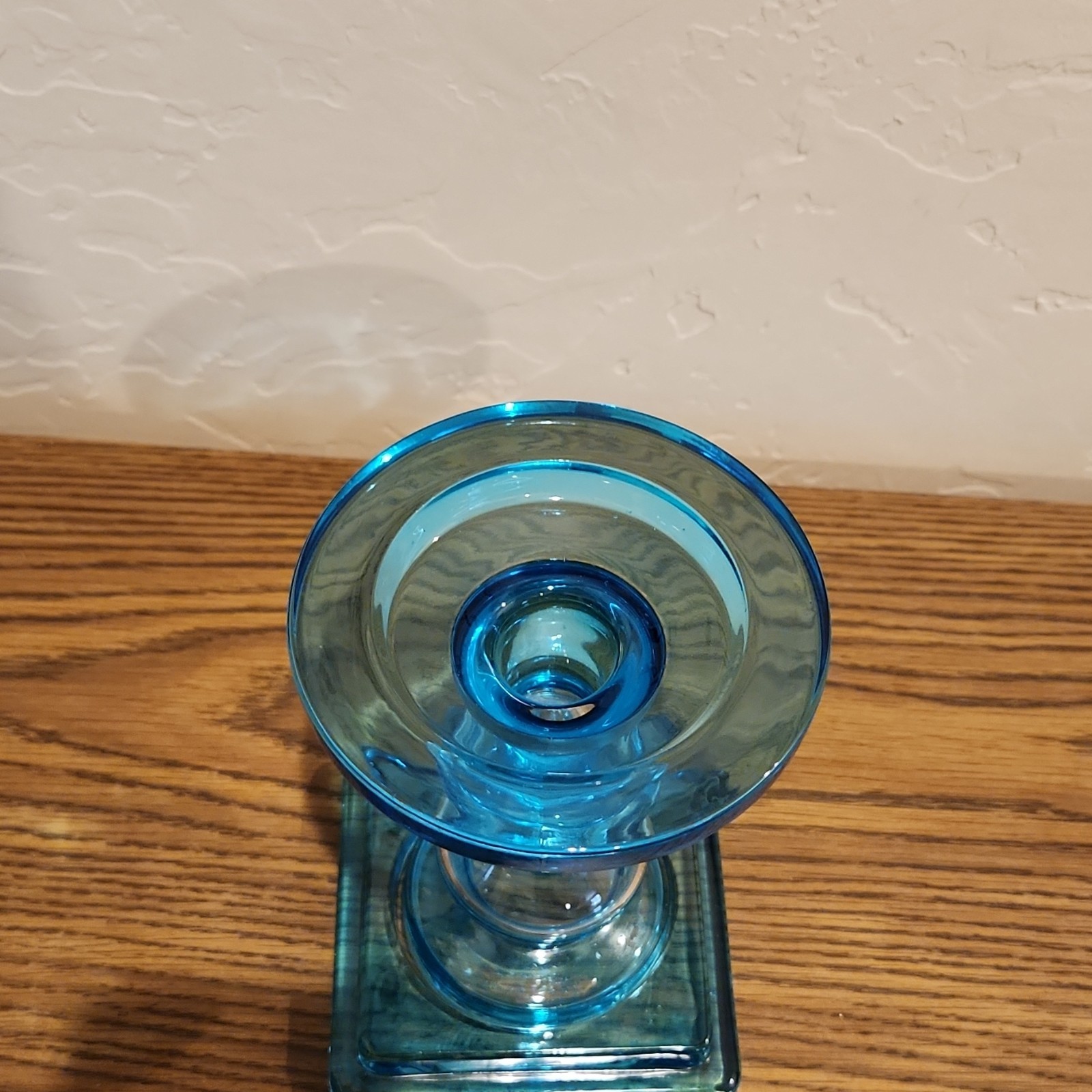 Blue & Clear Translucent Art Glass Pedestal Taper Candle Holder 7 in x 4 1/2 in