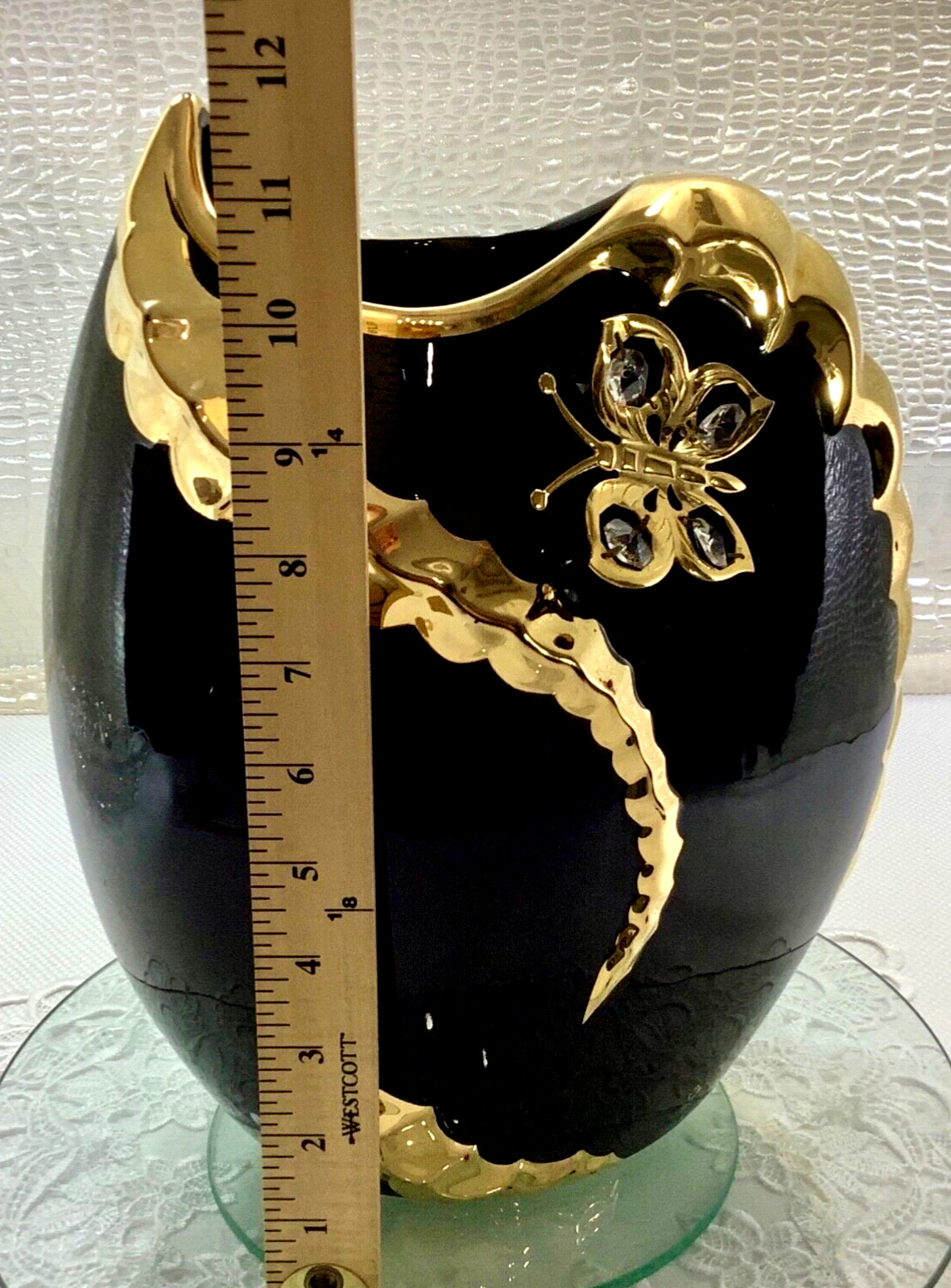 BC Creazioni Dipinto a Mano Signed 12” Black Gold Gilt Encrusted Vase Crystals