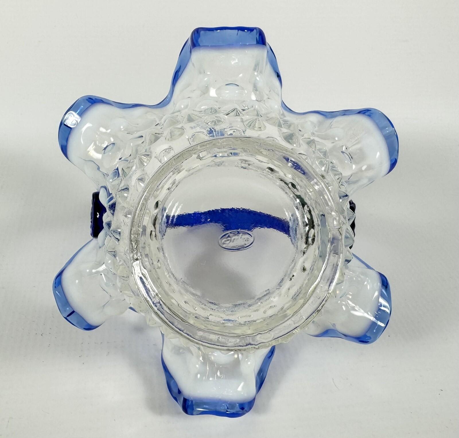Vintage FENTON Sapphire Blue Crest Opalescent Hobnail Ruffle Top Basket