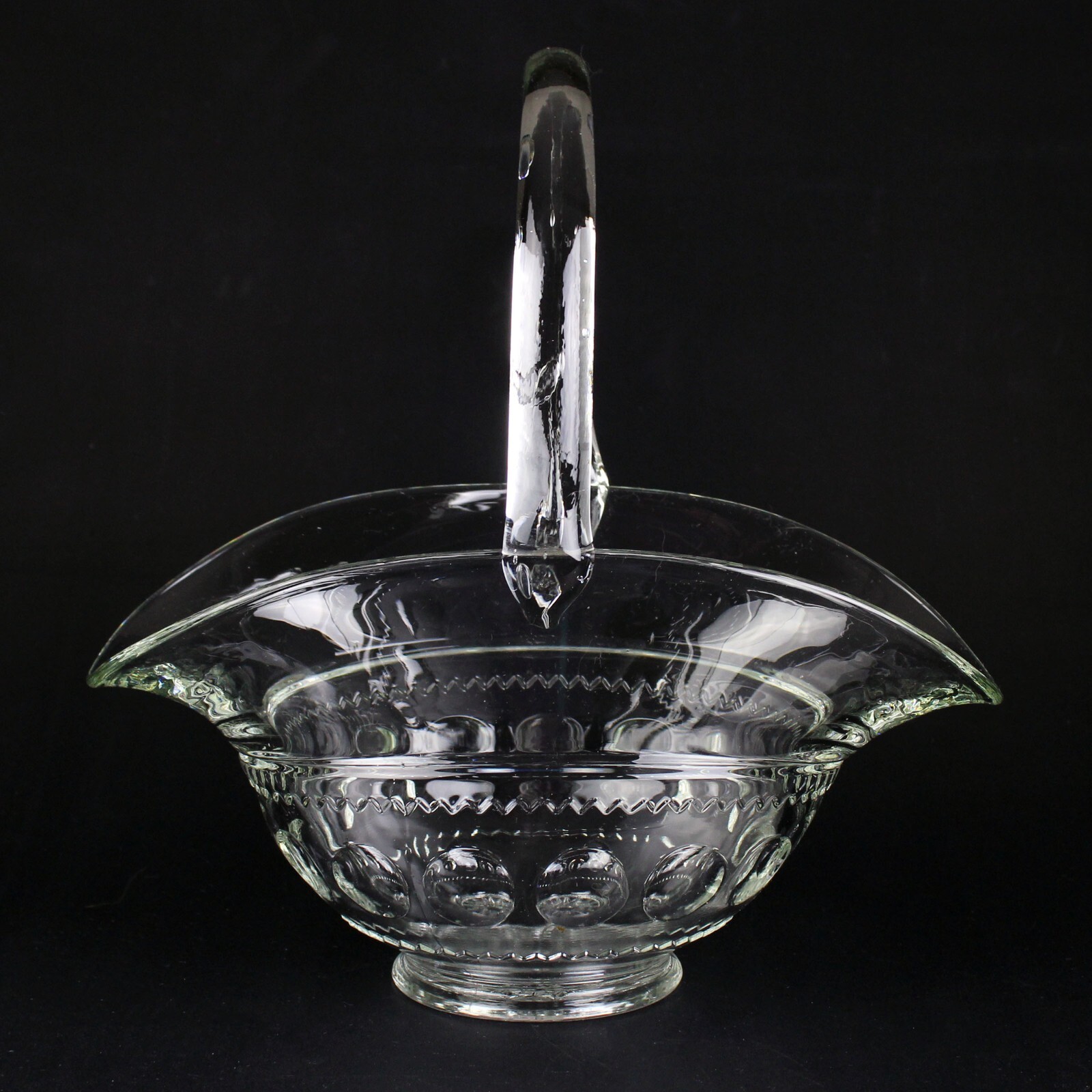 Tiffin King’s Crown Fruit Basket, Vintage Glass Antique Thumbprint 12″ H, Scarce