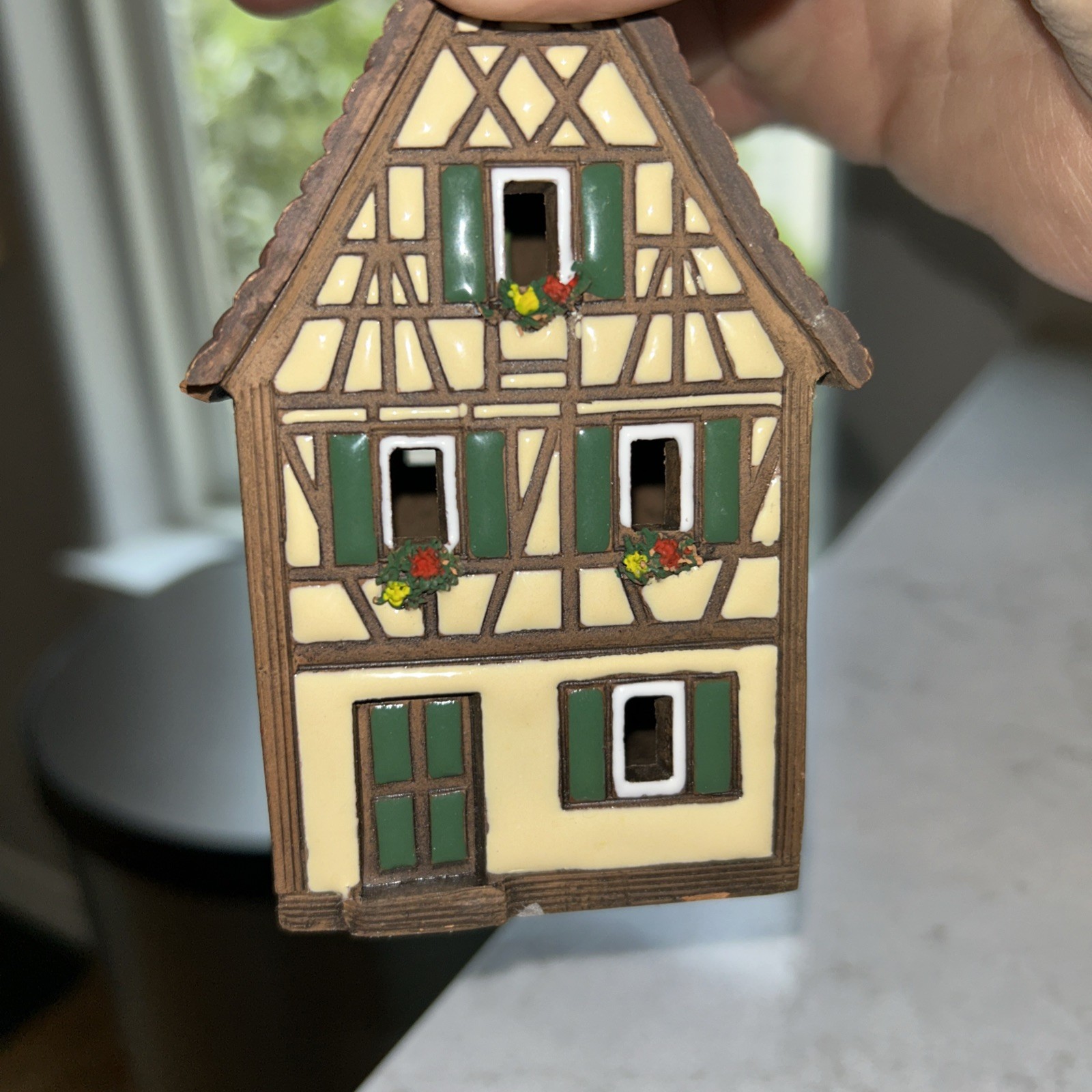 Vintage German HANDARBEIT POTTERY Cottage House Candle Holder signed & numbered