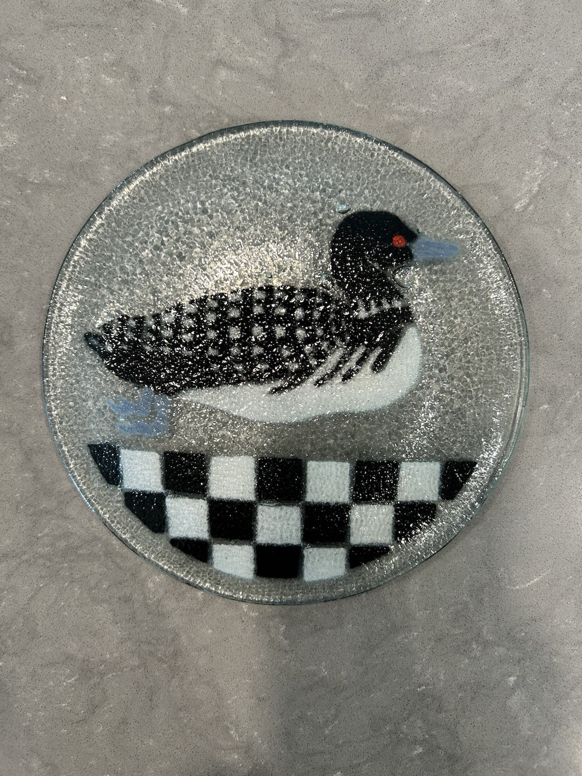 Vintage Loon Fused Glass Round Plate 7.75” Unsigned Bubbles Black White