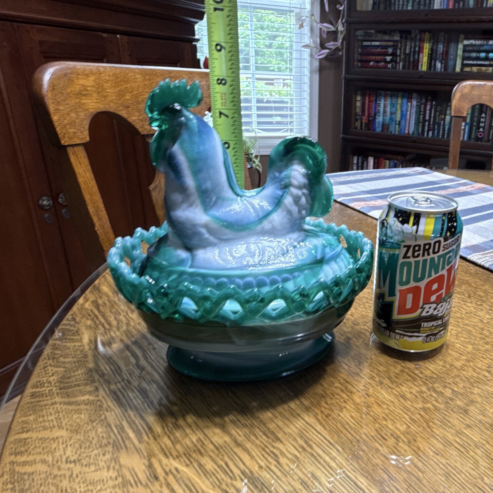 Imperial RARE Vintage Emerald Green Slag Glass Rooster on Lace Edged Nest