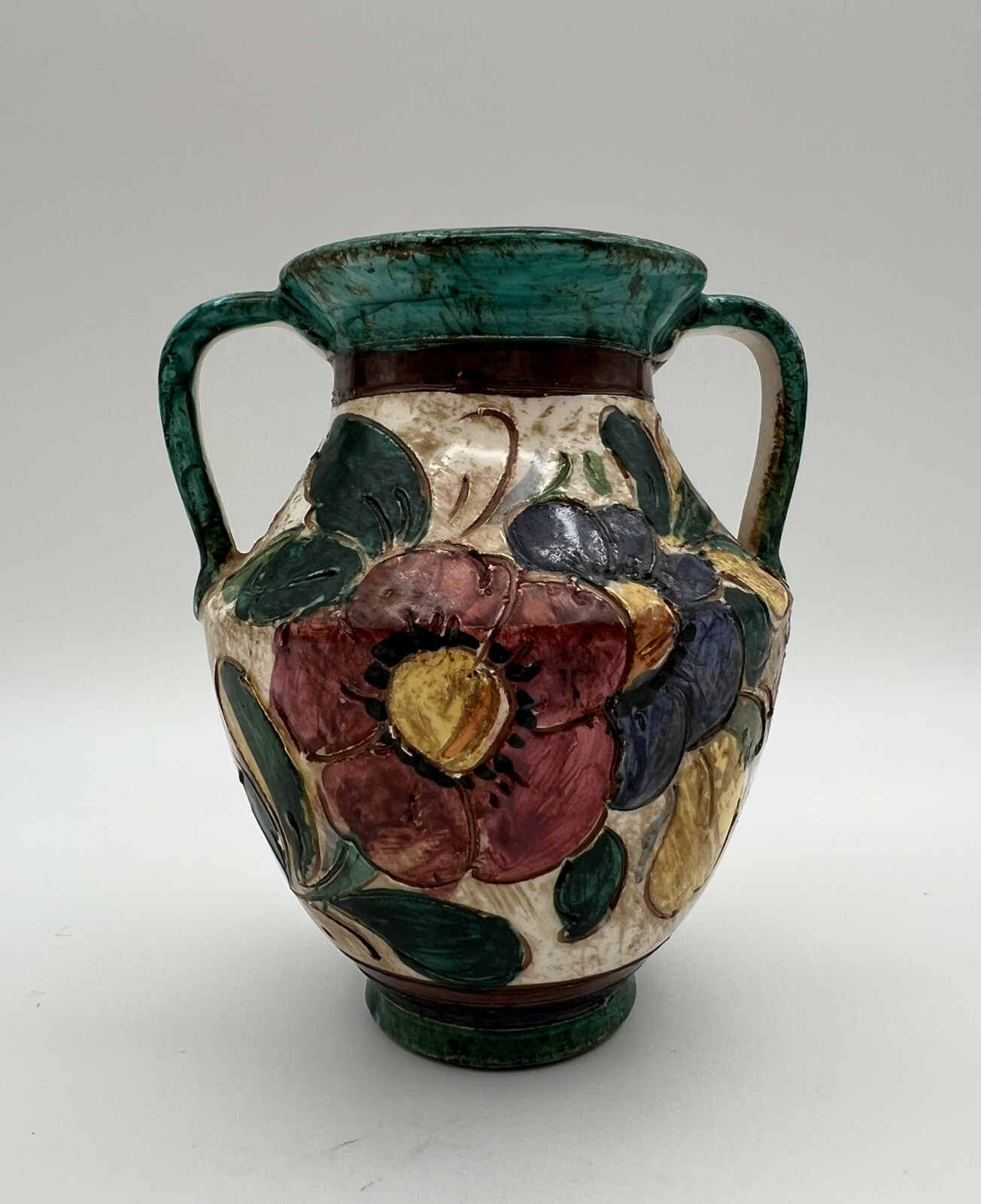 Italian Art Pottery Hand Painted Double Handle Vase 5” Flowers & Boat Signed