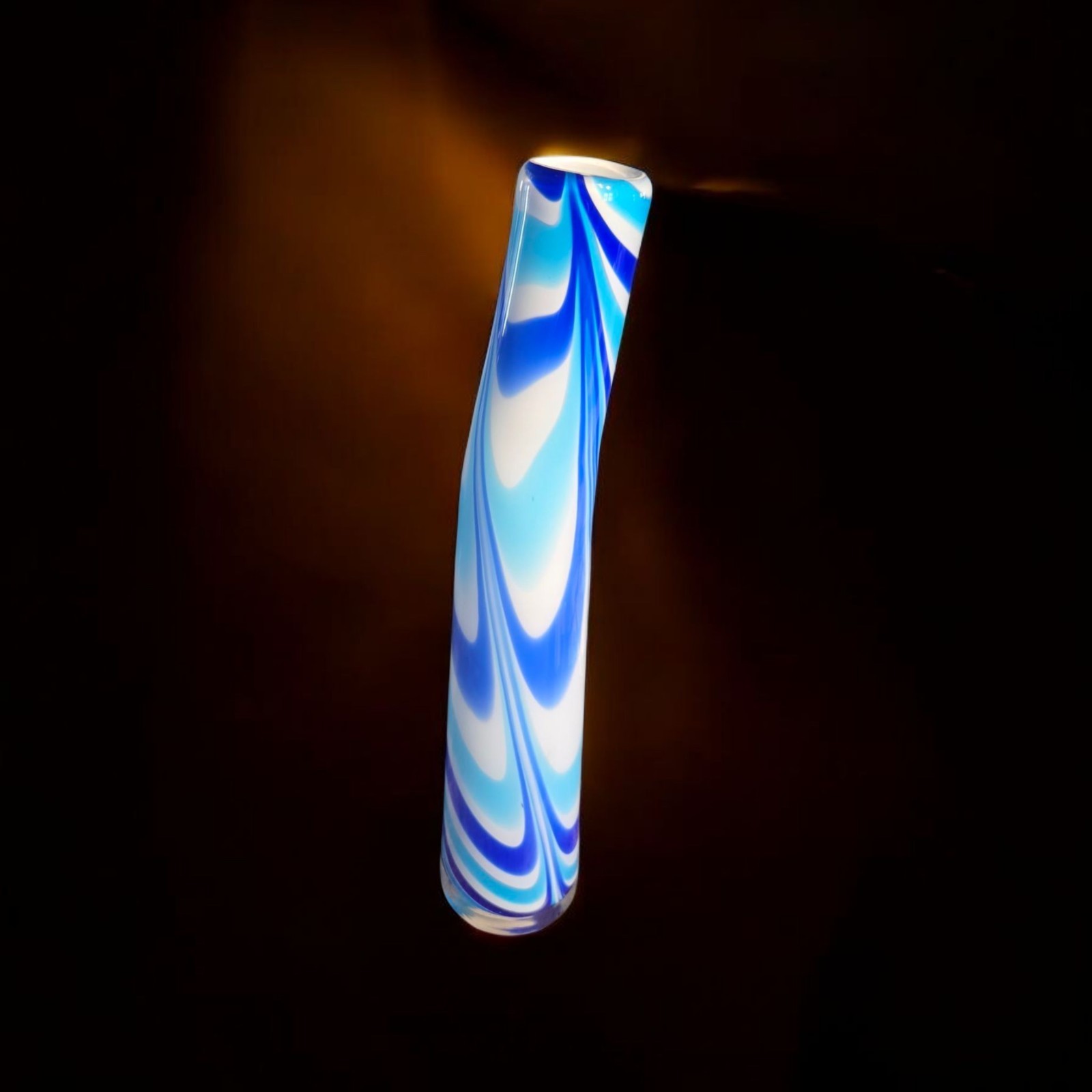 Hand Blown Art Glass Vase 15.75″ Cased Curved Cobalt Blue Tuquoise White Swirl