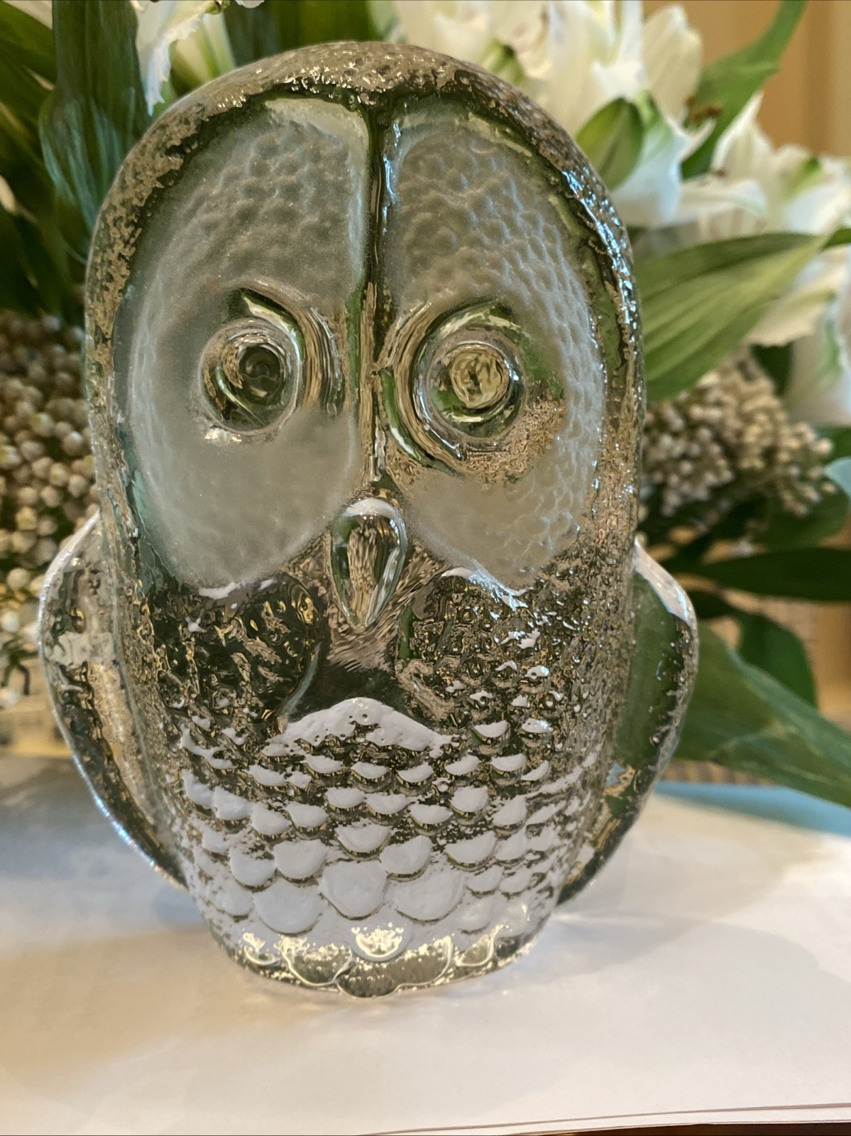 Vtg KOSTA BODA Mats Jonasson Crystal 4.5” Owl Paperweight Sculpture Signed MCM