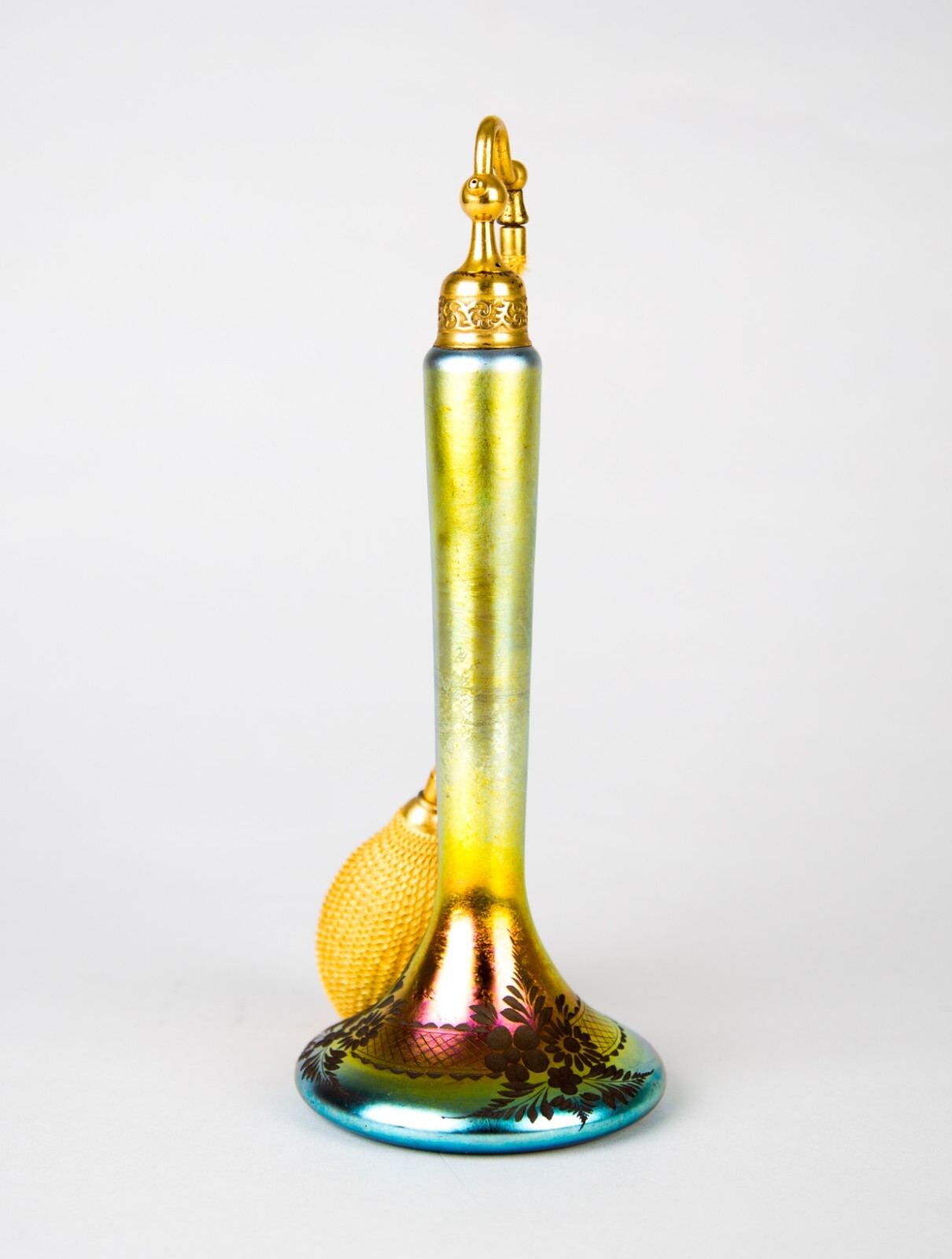 Steuben DeVilbiss Atomizer Aurene Wheel Cut Floral Art Glass Perfume Bottle