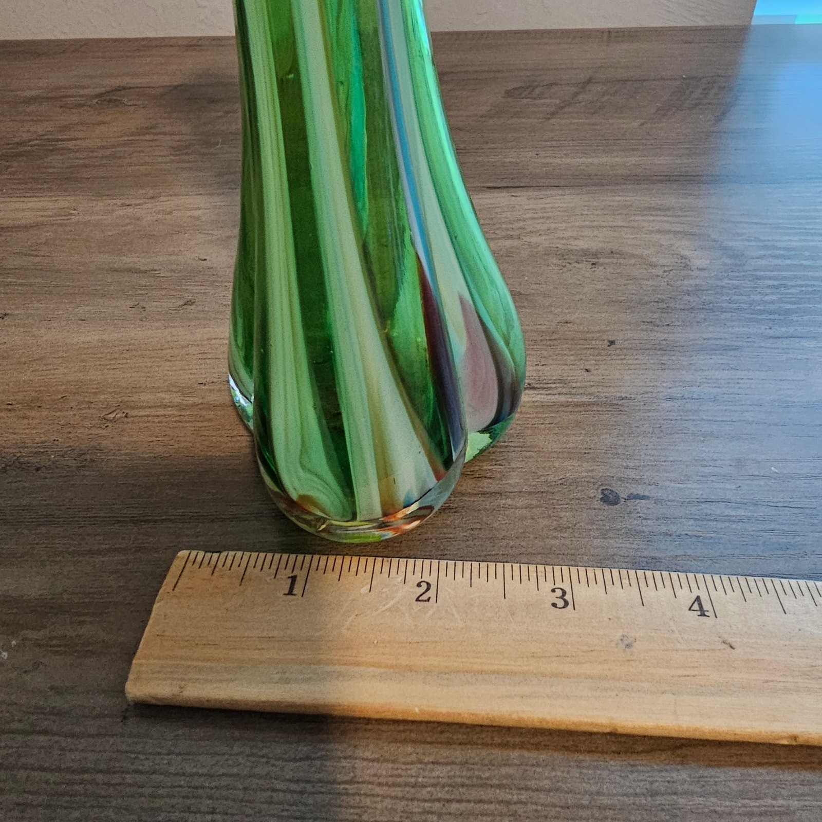 Vintage MCM Hand Blown Glass Stretch Bud Vase 10.5″ Green Art Decor 1960s Mod