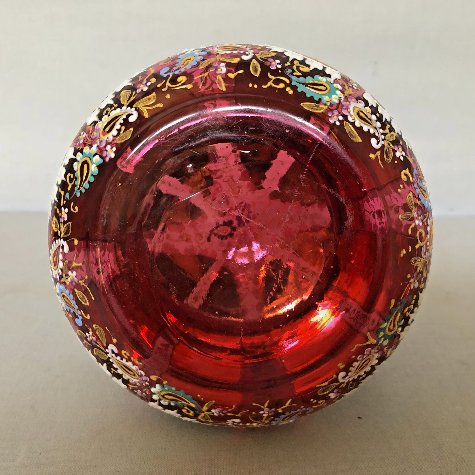 Antique Round Hinged Hand Heavily Decorated Pink Moser Glass Box