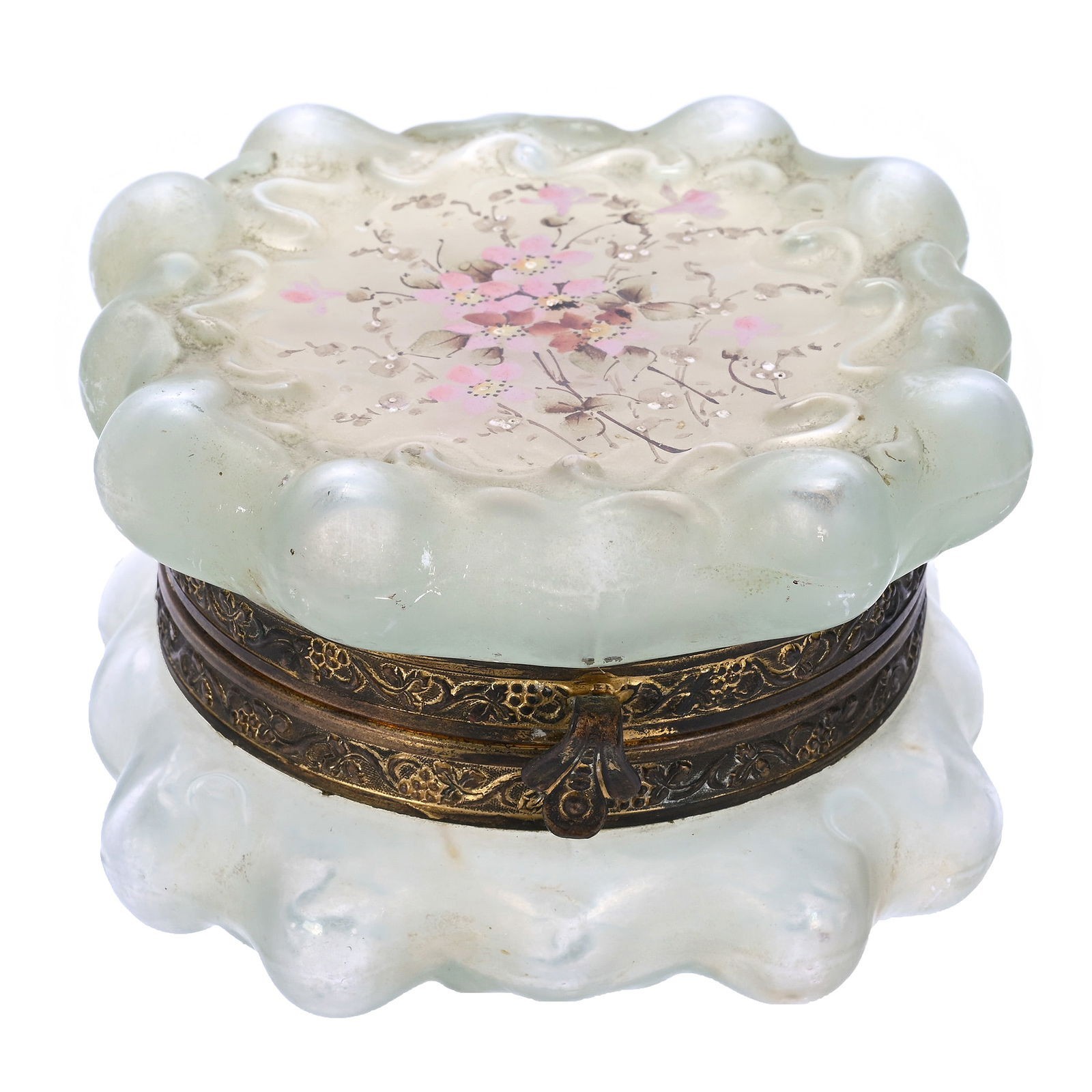 Wavecrest Hinged Dresser Box-Baroque Mold-Green Crystal With Pink Floral