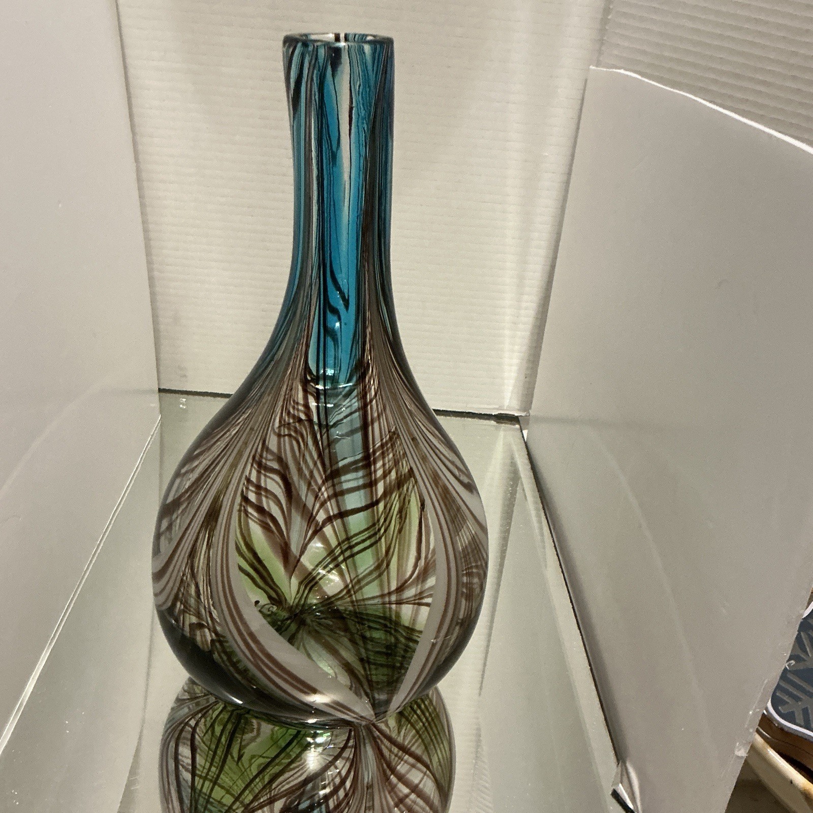 Large Feather Pulled Blue Green Brown Encased Art Glass Vase Studio