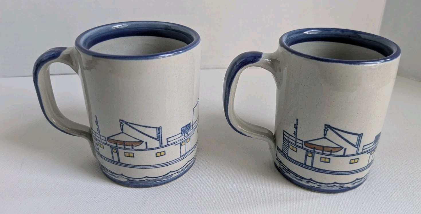 Rare Louisville Stoneware Pottery ACBL Advertising Fish Troller Barge 2 Mugs