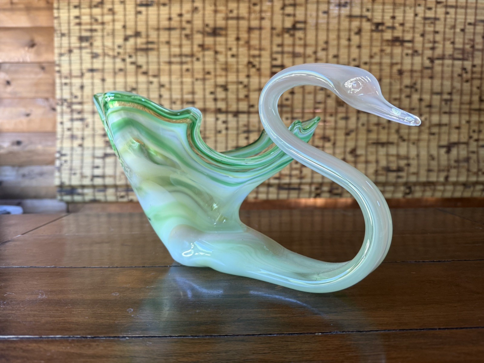 Vintage Art Glass Swan Bowl Green Murano Style Hand Blown Mid Century Decor