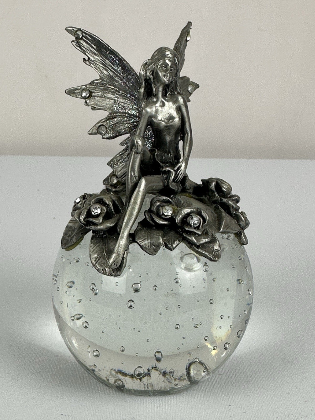 Pewter Fairy With Roses & Rhinestones Glass Paperweight With Bubbles