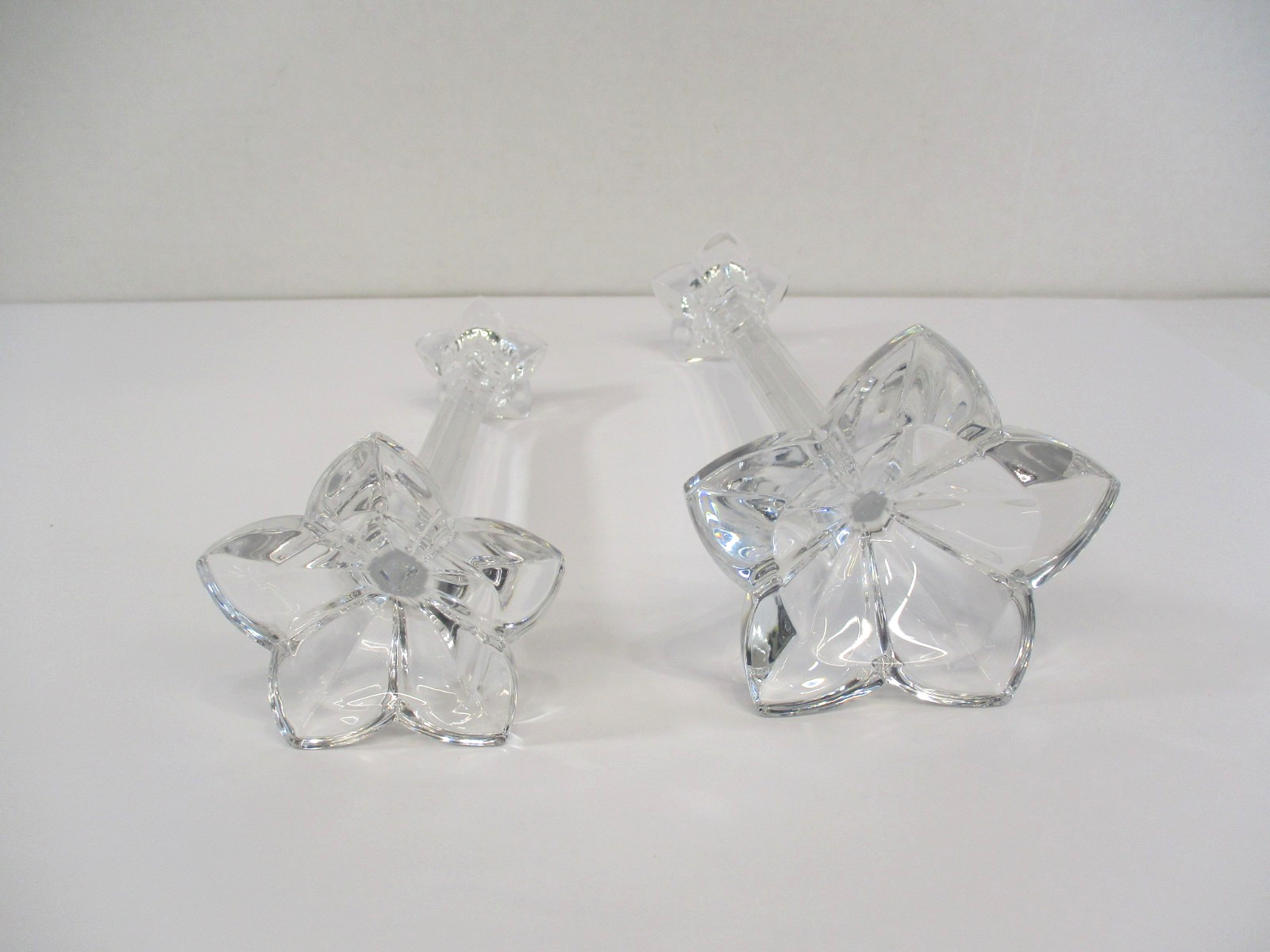 Pair (2) Mikasa Lead Crystal Petal Candle Stick Holders Germany 10-1/4″ & 7-3/4″