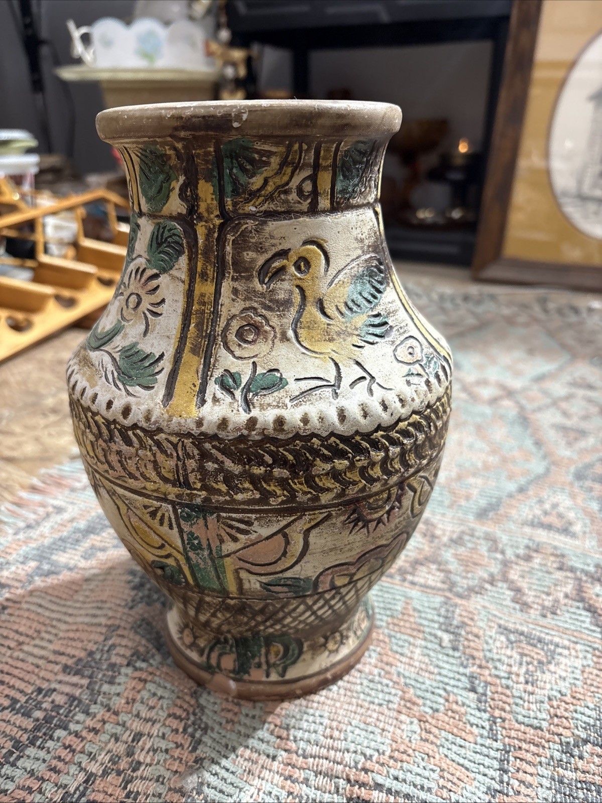 Bird and Floral Earthenware Design Vase Antique Japan Pottery Engraved Image