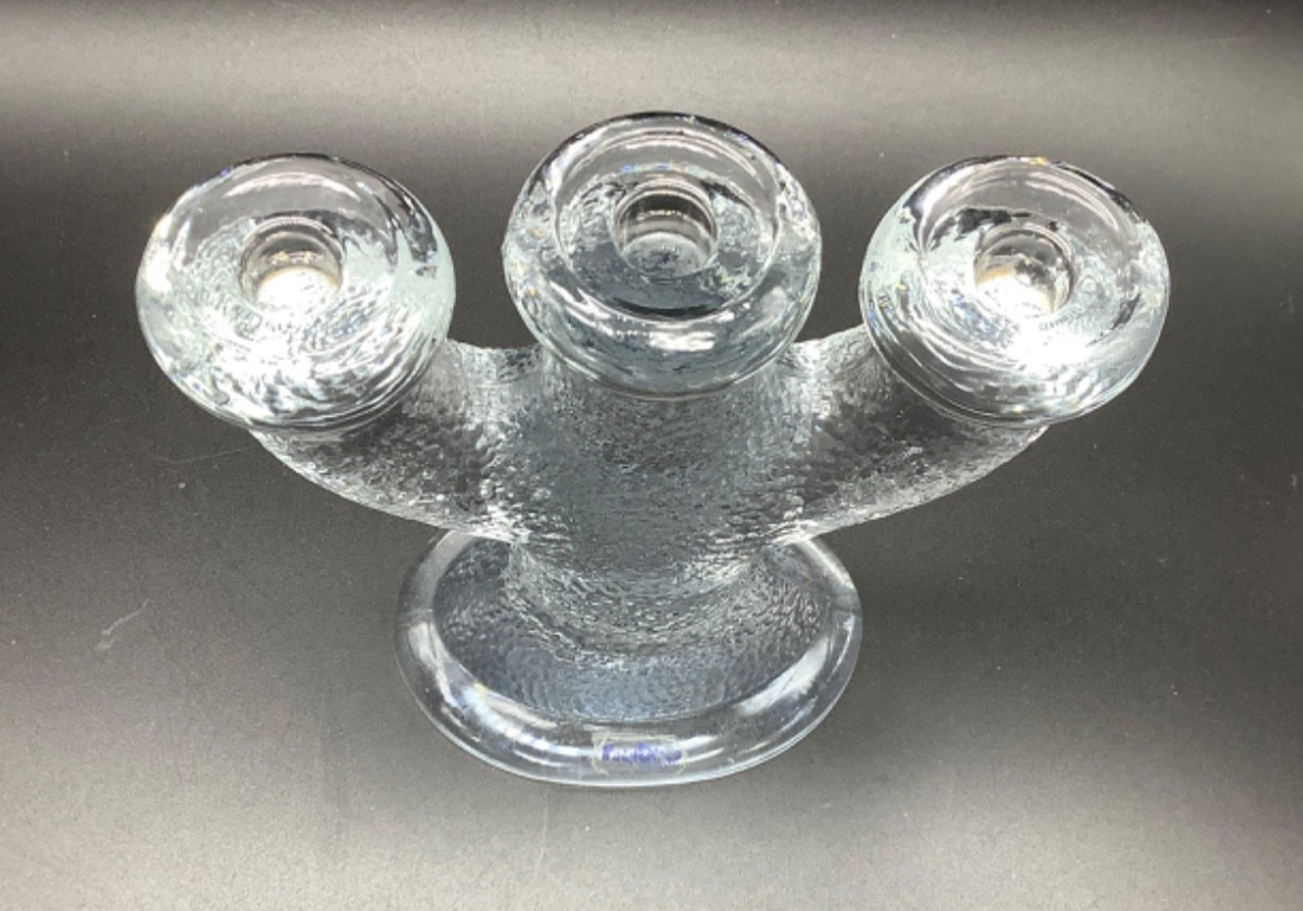 Nybro Crystal 3-Arm Candelabra, Textured Glass, Sweden, Paul Isling, 5.25”
