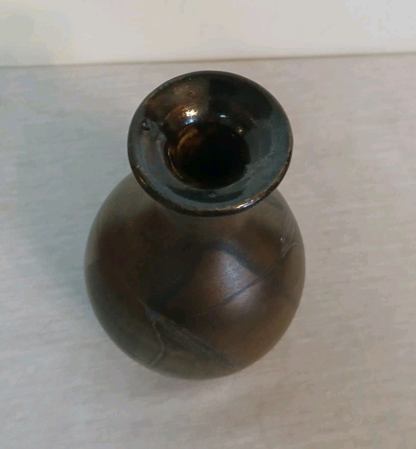 Vintage Signed Studio Pottery Bud Vase Sake Dark Metallic Glaze Hand Thrown