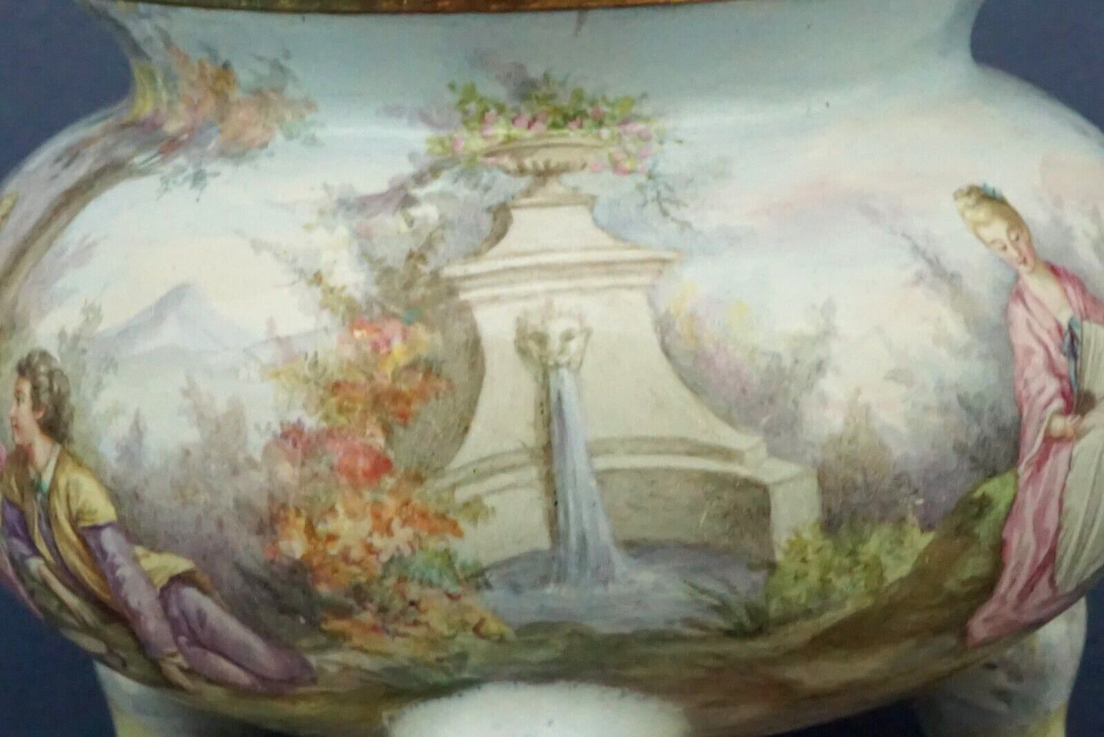 LIMOGES Vase brass and enamel Miniature hand-decorated gallant scenes 1700 XVIII