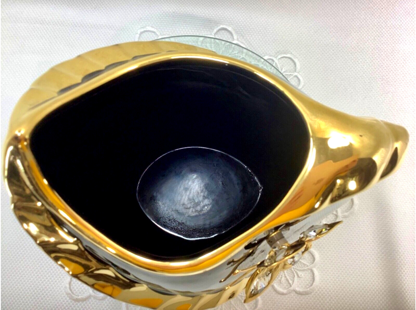 BC Creazioni Dipinto a Mano Signed 12” Black Gold Gilt Encrusted Vase Crystals