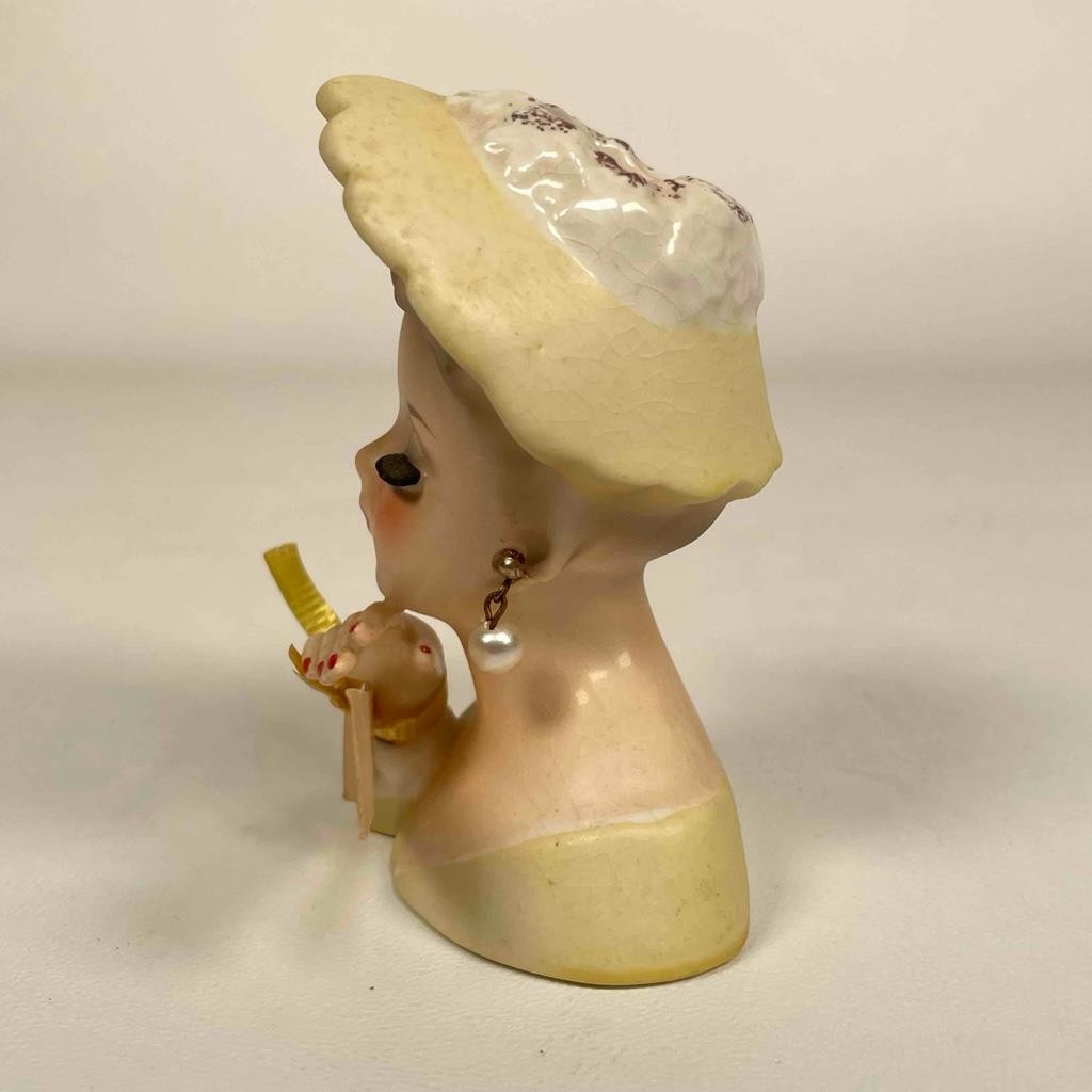 Vintage 1963 E-774 Ceramic Inarco MIJ Lady Head Thank You Vase With Earrings – J