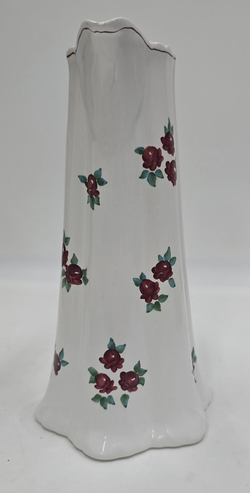 Andrea by Sadek White Ceramic Pitcher Vase Red Rose Floral Scalloped Rim Decor