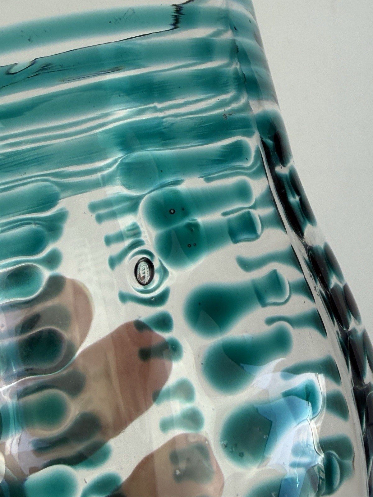 Hand-blown Signed glass tumbler votive candle holder teal stripes art glass