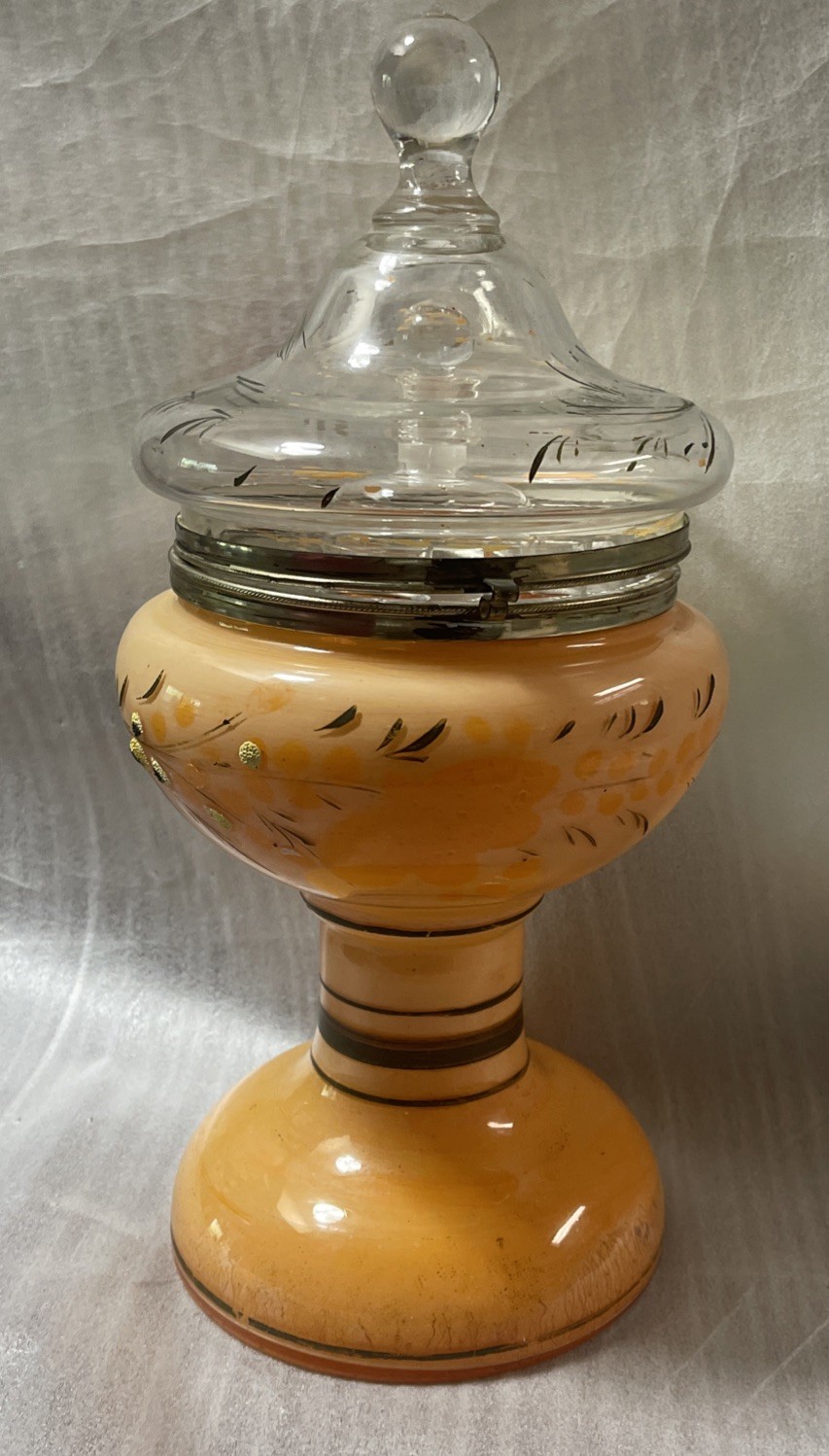 Antique Glass Decanter, Hand Painted A Brass Band W Hinges/ Clasp Connecting Lid