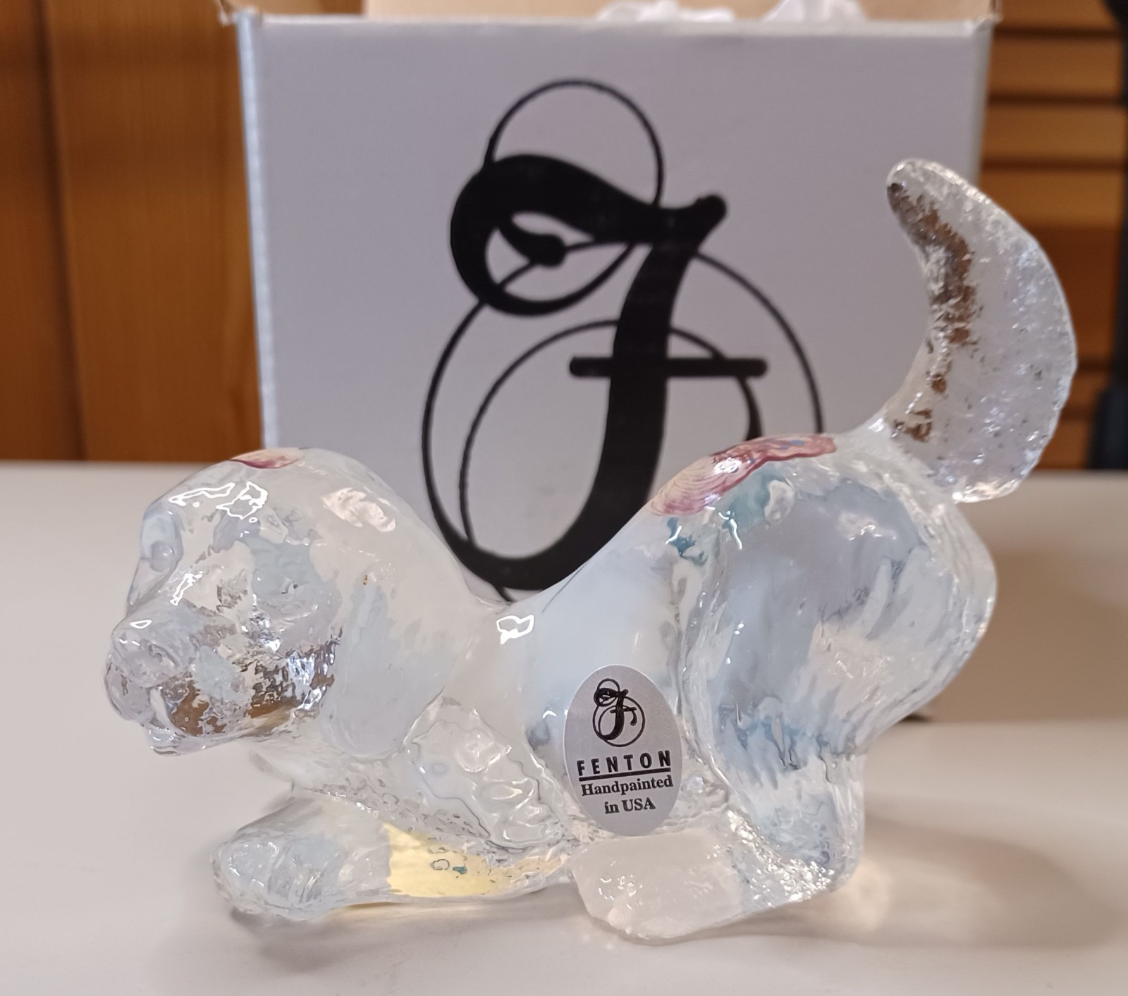 Fenton Playful Puppy dog figurine made of French opalescent art glass. Signed
