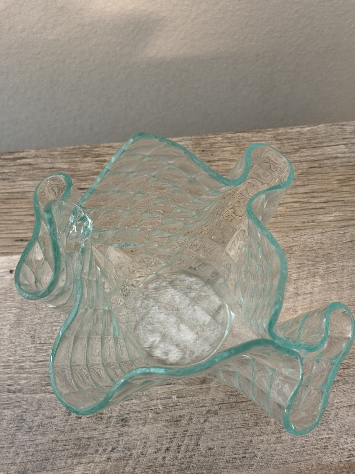 Handkerchief Vase Folded Clear Glass 5.75” Signed