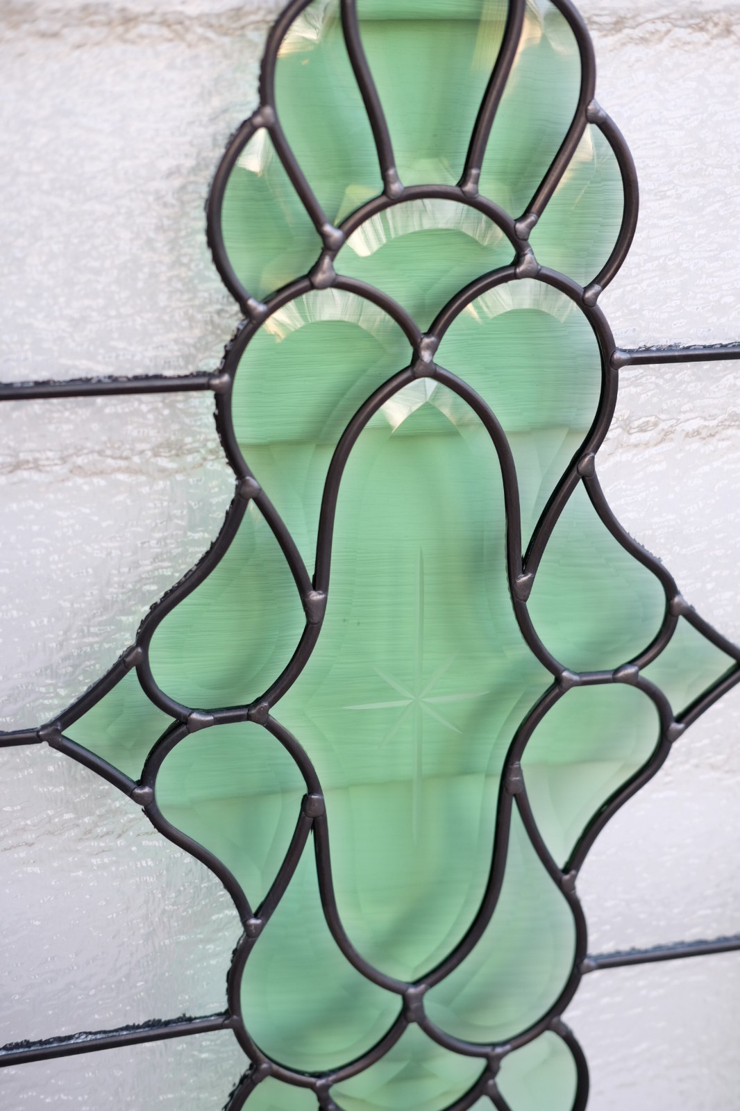 Stained glass green transparent Clear Beveled window panel 19″ x 27″