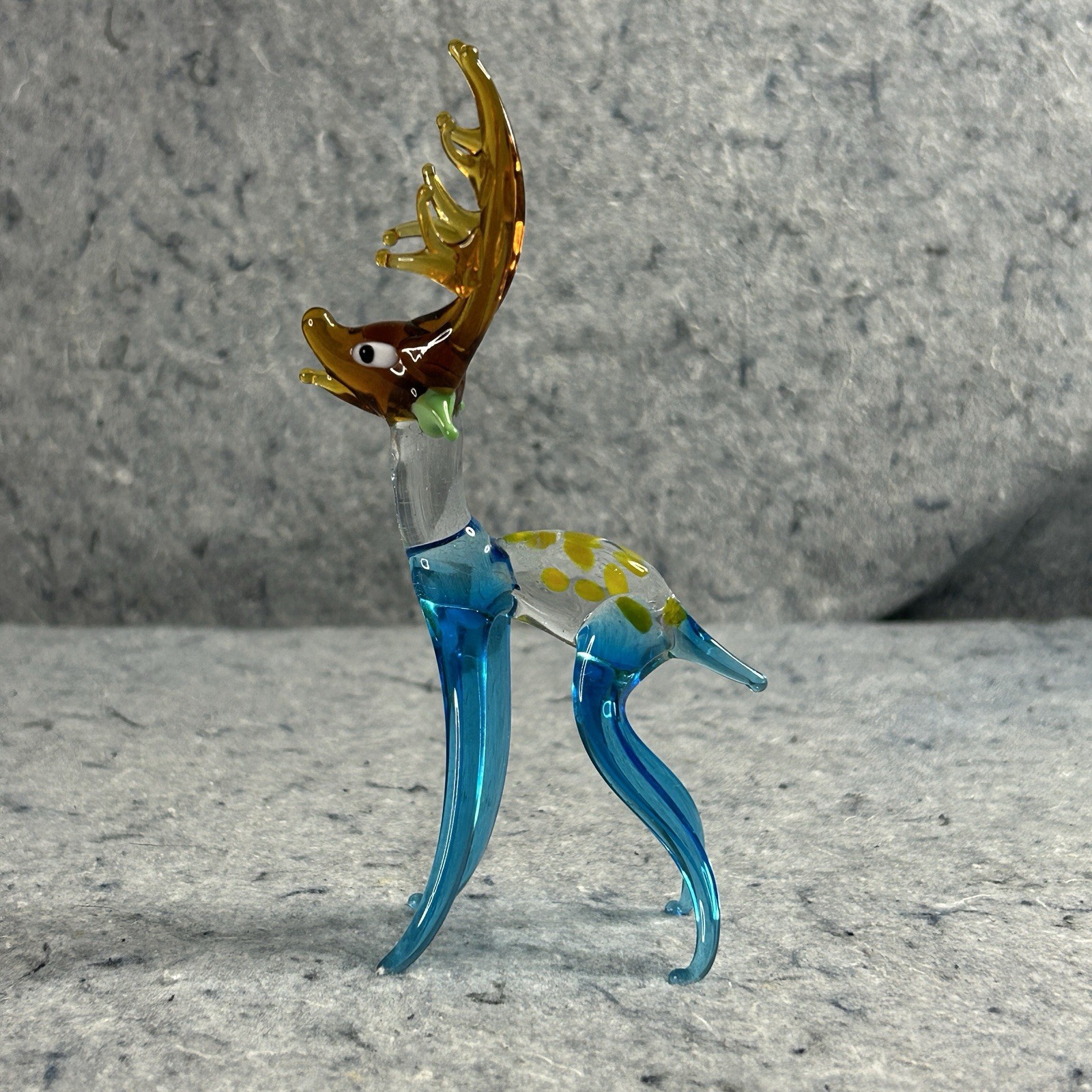 Hand Blown Art Glass Deer Figurine Blue Amber Spotted Vintage Style